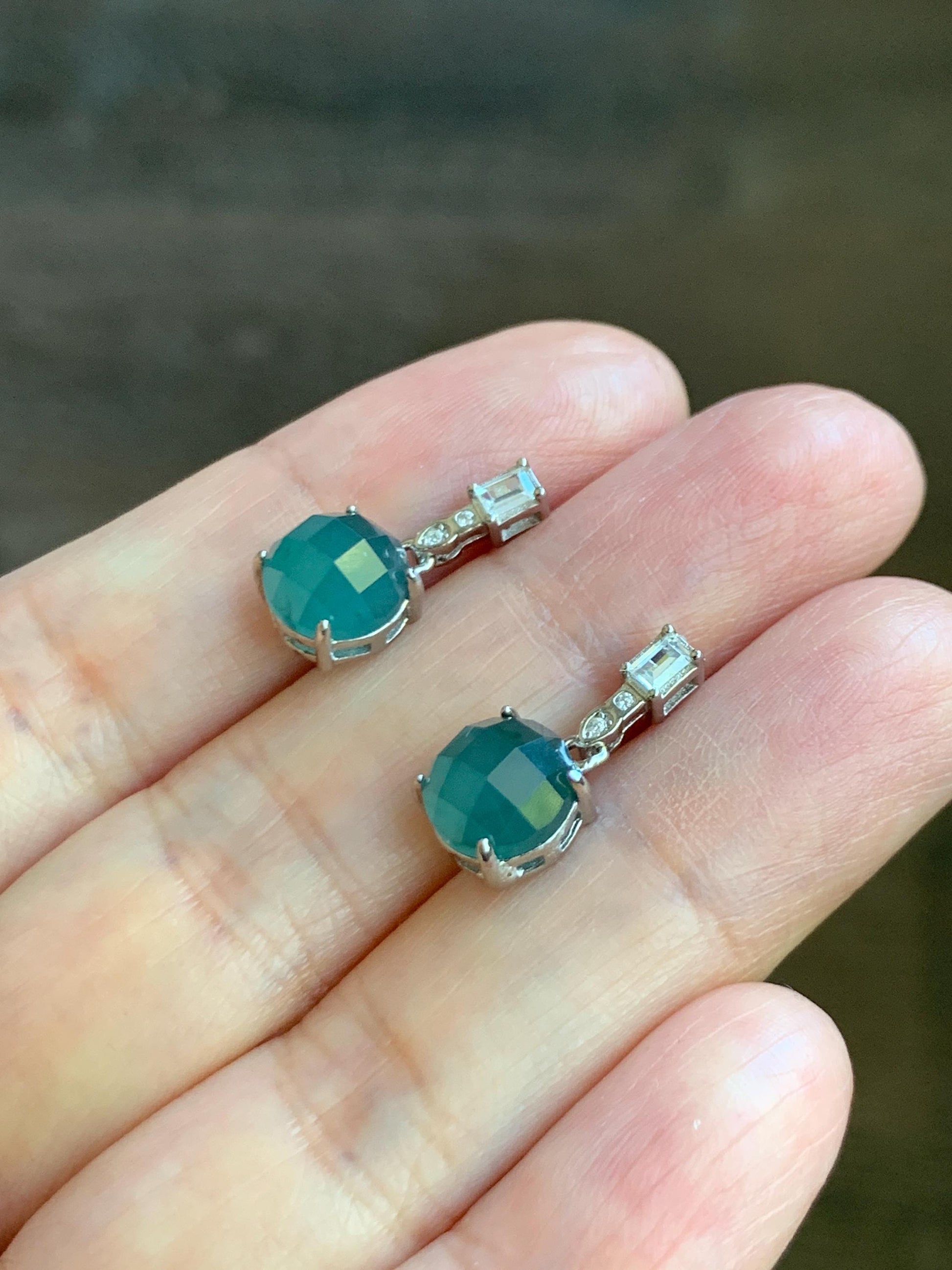 Natural Grade A Guatemalan Icy Translucent Dark Teal Blue Jadeite Faceted Round Dangle Stud Earrings Sterling Silver 天然冰危深蓝绿翡翠切割面银镶耳钉 LQG77B
