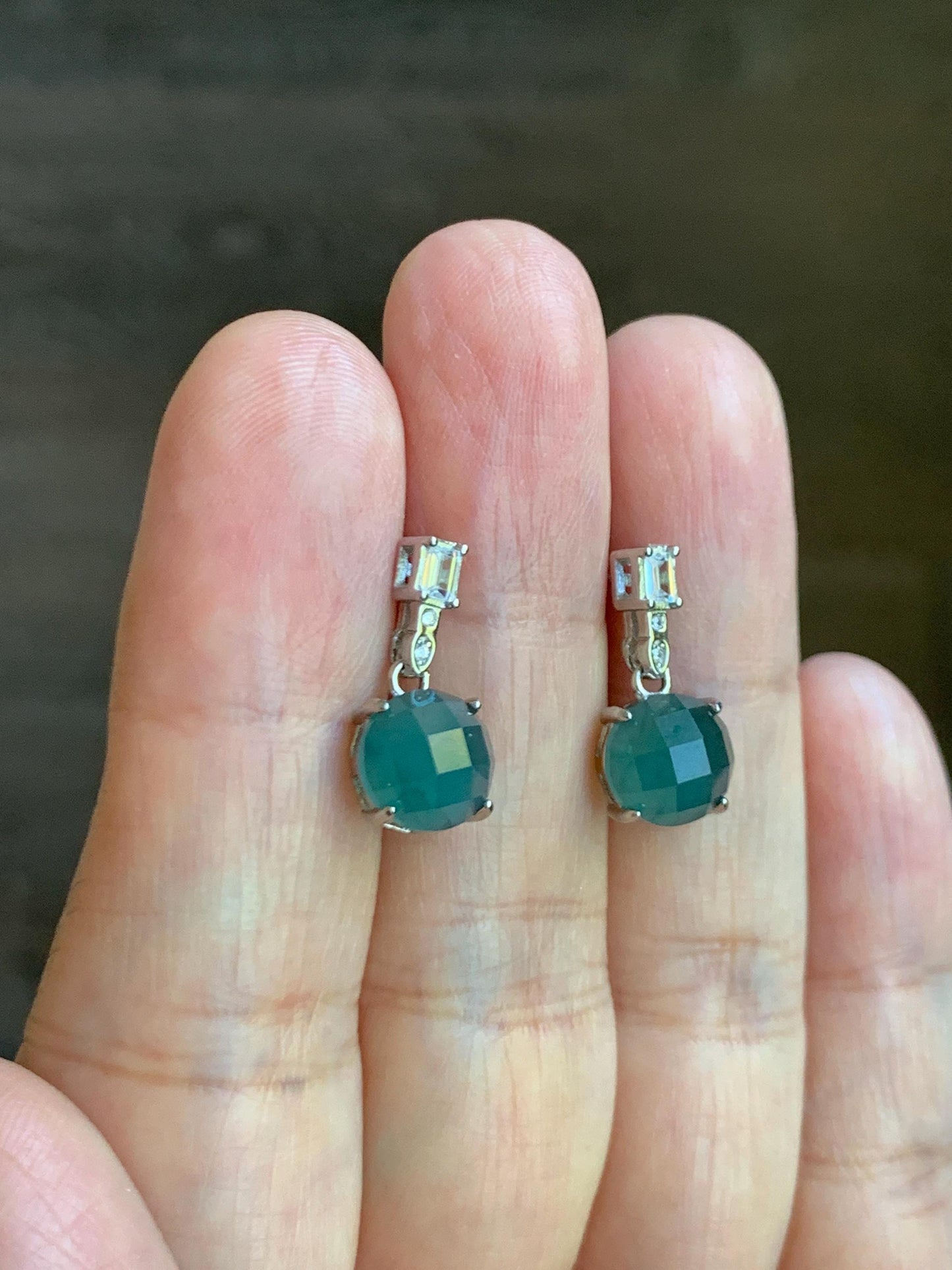 Natural Grade A Guatemalan Icy Translucent Dark Teal Blue Jadeite Faceted Round Dangle Stud Earrings Sterling Silver 天然冰危深蓝绿翡翠切割面银镶耳钉 LQG77B