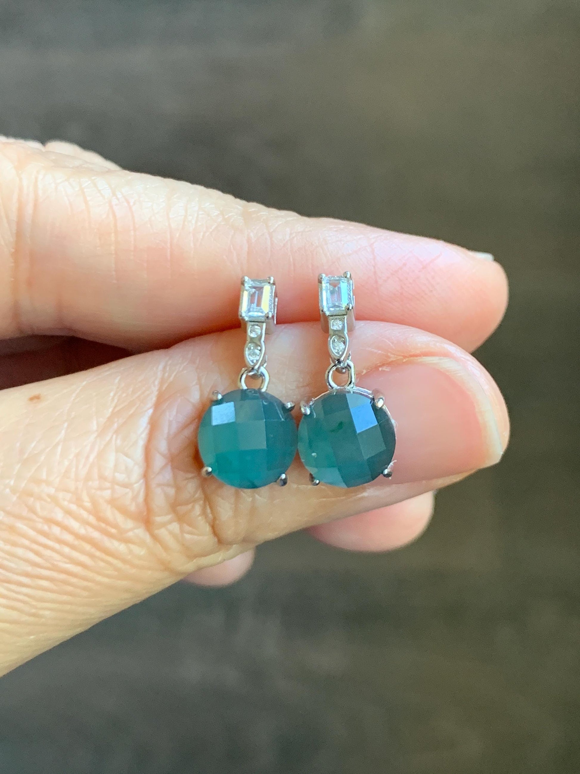 Natural Grade A Guatemalan Icy Translucent Dark Teal Blue Jadeite Faceted Round Dangle Stud Earrings Sterling Silver 天然冰危深蓝绿翡翠切割面银镶耳钉 LQG77B