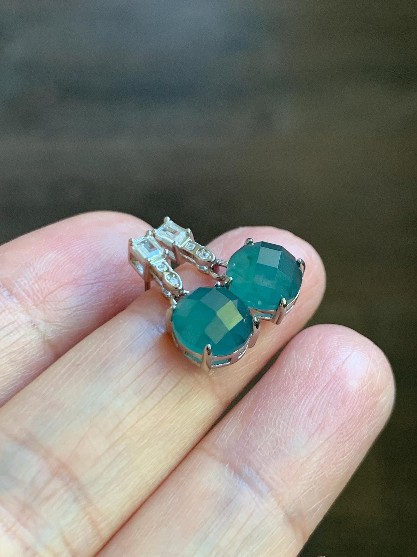 Natural Grade A Guatemalan Icy Translucent Dark Teal Blue Jadeite Faceted Round Dangle Stud Earrings Sterling Silver 天然冰危深蓝绿翡翠切割面银镶耳钉 LQG77B
