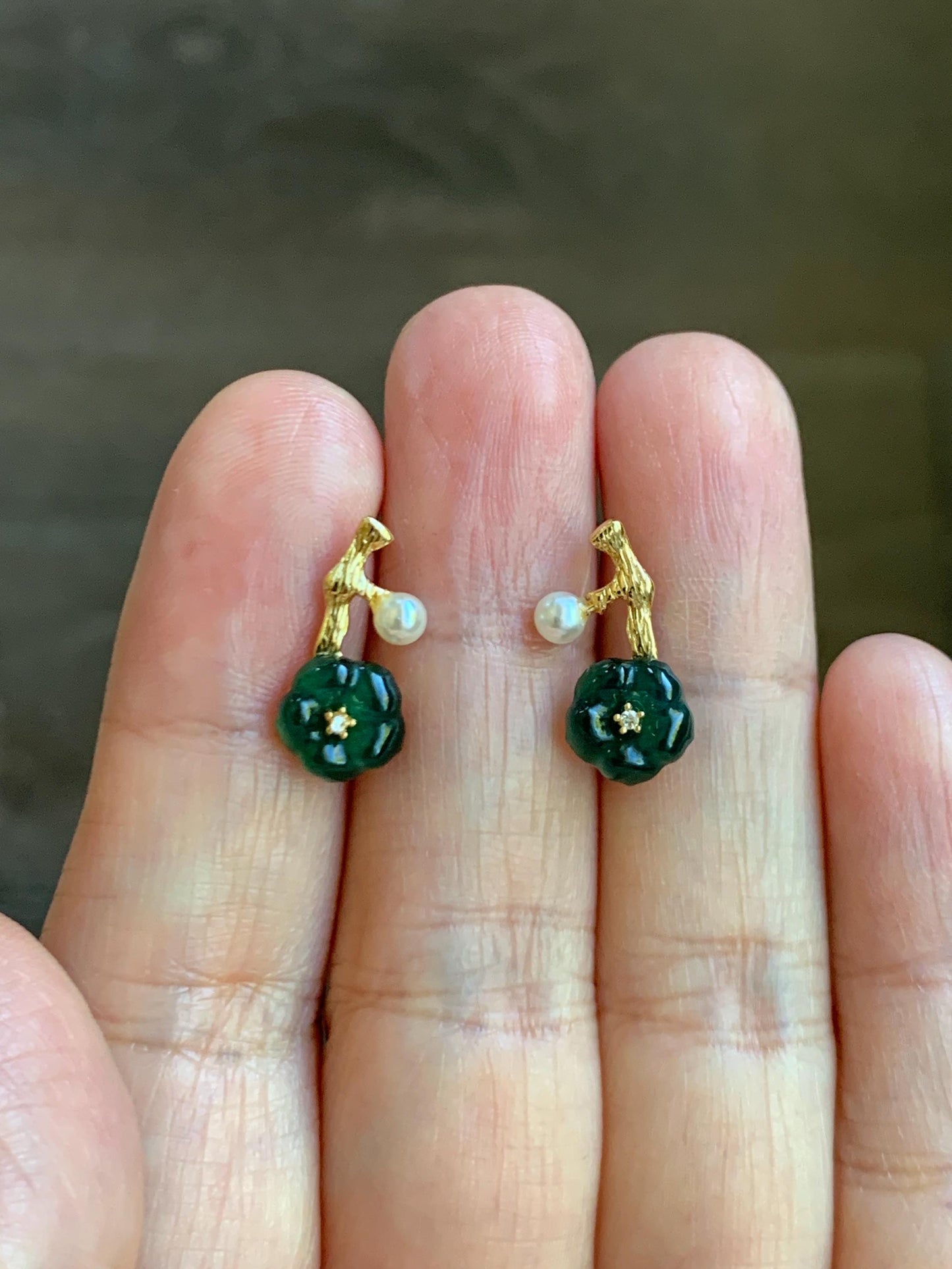 Natural Grade A Guatemalan Icy Translucent Dark Teal Green Jade Jadeite Cherry Blossom Stud Earrings Sterling Silver 天然冰危深绿翡翠梅花银镶耳钉 XKMH120G