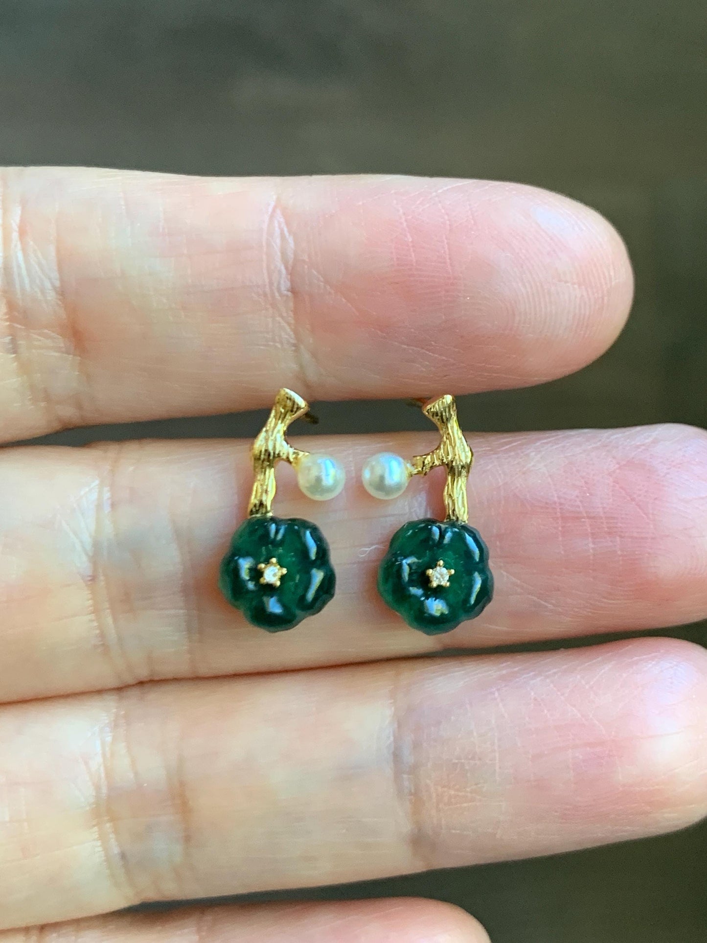 Natural Grade A Guatemalan Icy Translucent Dark Teal Green Jade Jadeite Cherry Blossom Stud Earrings Sterling Silver 天然冰危深绿翡翠梅花银镶耳钉 XKMH120G