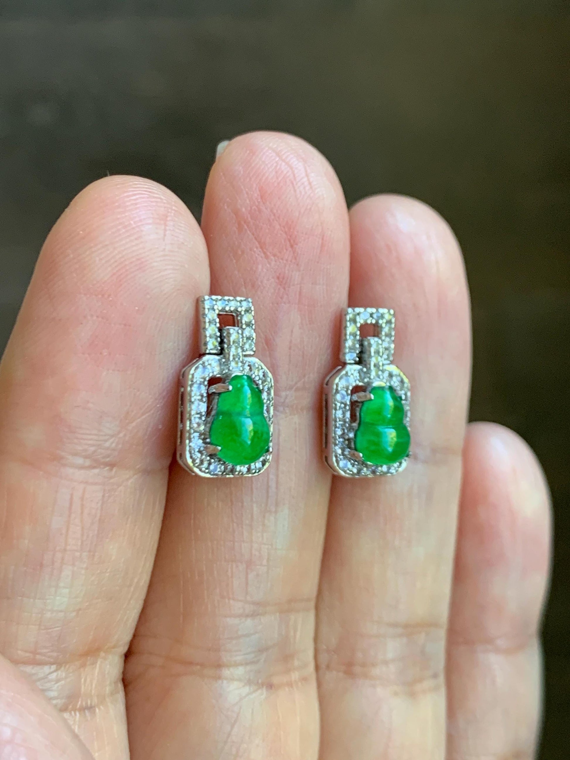 Natural Guatemalan Grade A Icy Translucent Vibrant Green Jade Jadeite Gourd Hulu Stud Earrings Sterling Silver 天然冰危绿翡翠葫芦镶嵌耳钉 XKHL150