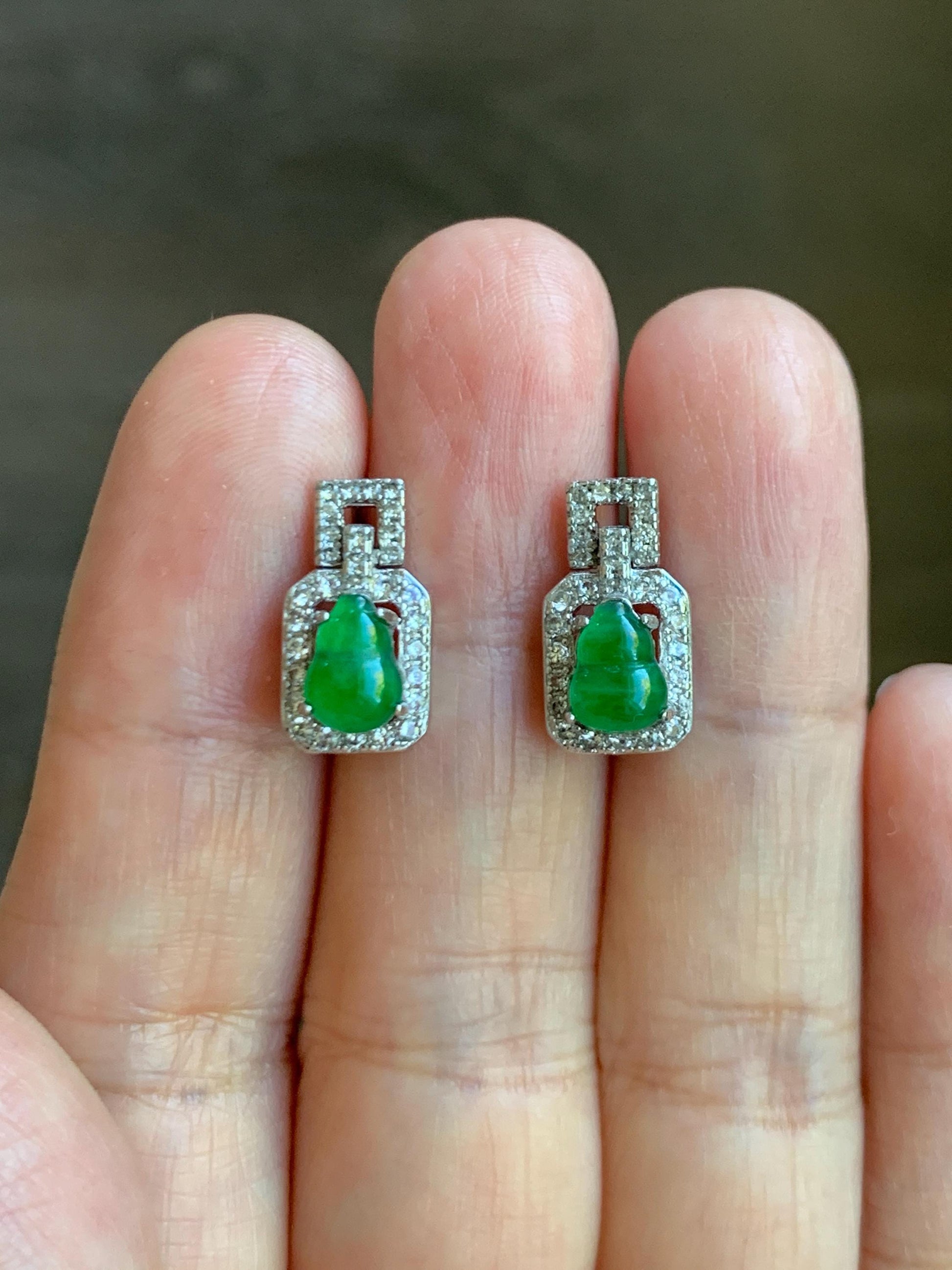 Natural Guatemalan Grade A Icy Translucent Vibrant Green Jade Jadeite Gourd Hulu Stud Earrings Sterling Silver 天然冰危绿翡翠葫芦镶嵌耳钉 XKHL150