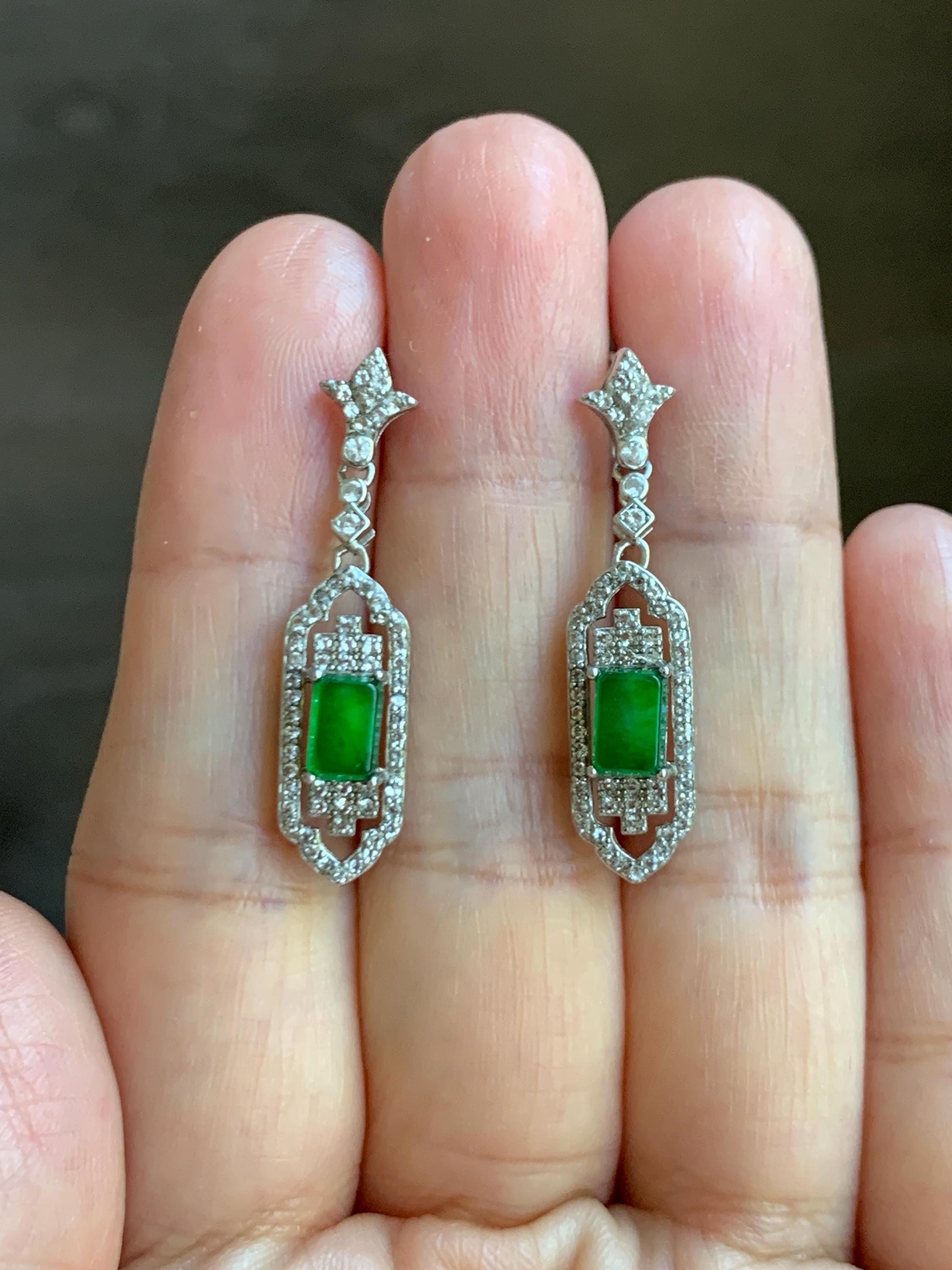 Natural Grade A Guatemalan Icy Translucent Vibrant Green Rectangle Jade Jadeite Art Deco Style Earrings Sterling Silver 天然冰危绿翡翠银镶耳钉 ADWL88