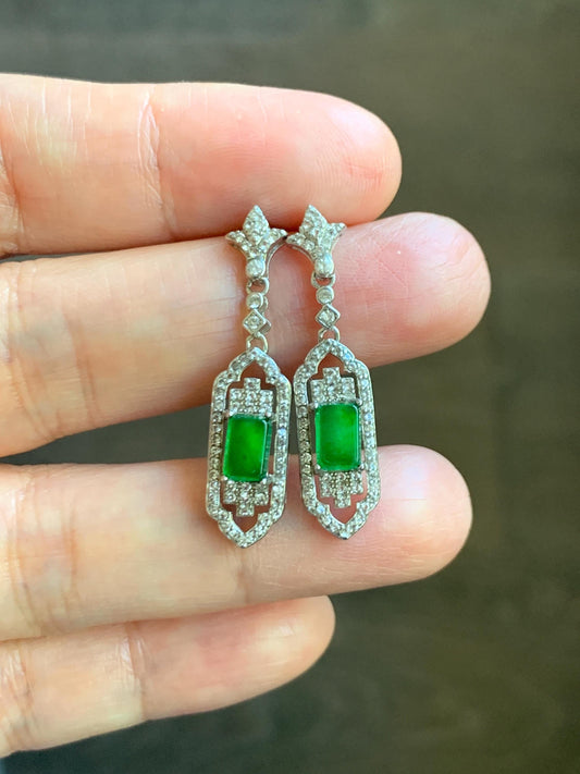Natural Grade A Guatemalan Icy Translucent Vibrant Green Rectangle Jade Jadeite Art Deco Style Earrings Sterling Silver 天然冰危绿翡翠银镶耳钉 ADWL88