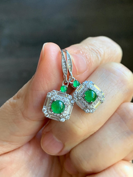 Natural Grade A Guatemalan Icy Translucent Vibrant Green Jade Jadeite Art Deco Style Dangle Earrings Sterling Silver 天然冰危绿翡翠银镶耳钩 ADED88