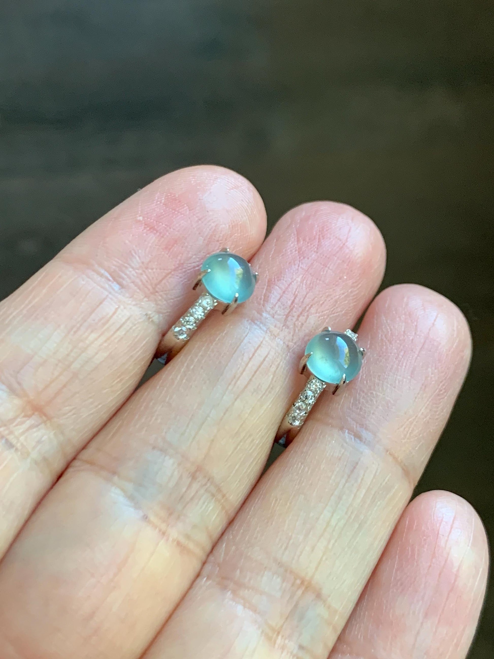 Natural Grade A Guatemalan Icy Highly Translucent Pastel Teal Blue Jade Jadeite Hoop Huggie Earrings Sterling Silver 天然冰危淡蓝翡翠银镶耳包 XLB77