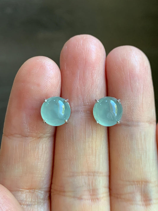 Natural Grade A Guatemalan Icy Highly Translucent Pastel Teal Blue Jade Jadeite Solitaire Stud Earrings Sterling Silver 天然冰危淡蓝翡翠银镶耳钉 DLED68