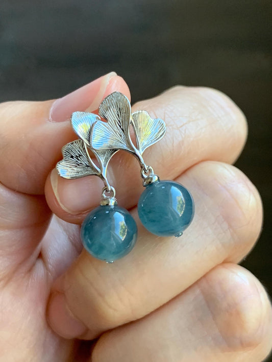 Natural Guatemalan Icy Highly Translucent Light Aegean Blue Jade Jadeite Beads Ginkgo Leaf Earrings Sterling Silver 天然冰危牛仔蓝翡翠珠银杏叶耳钉 LZDZ11