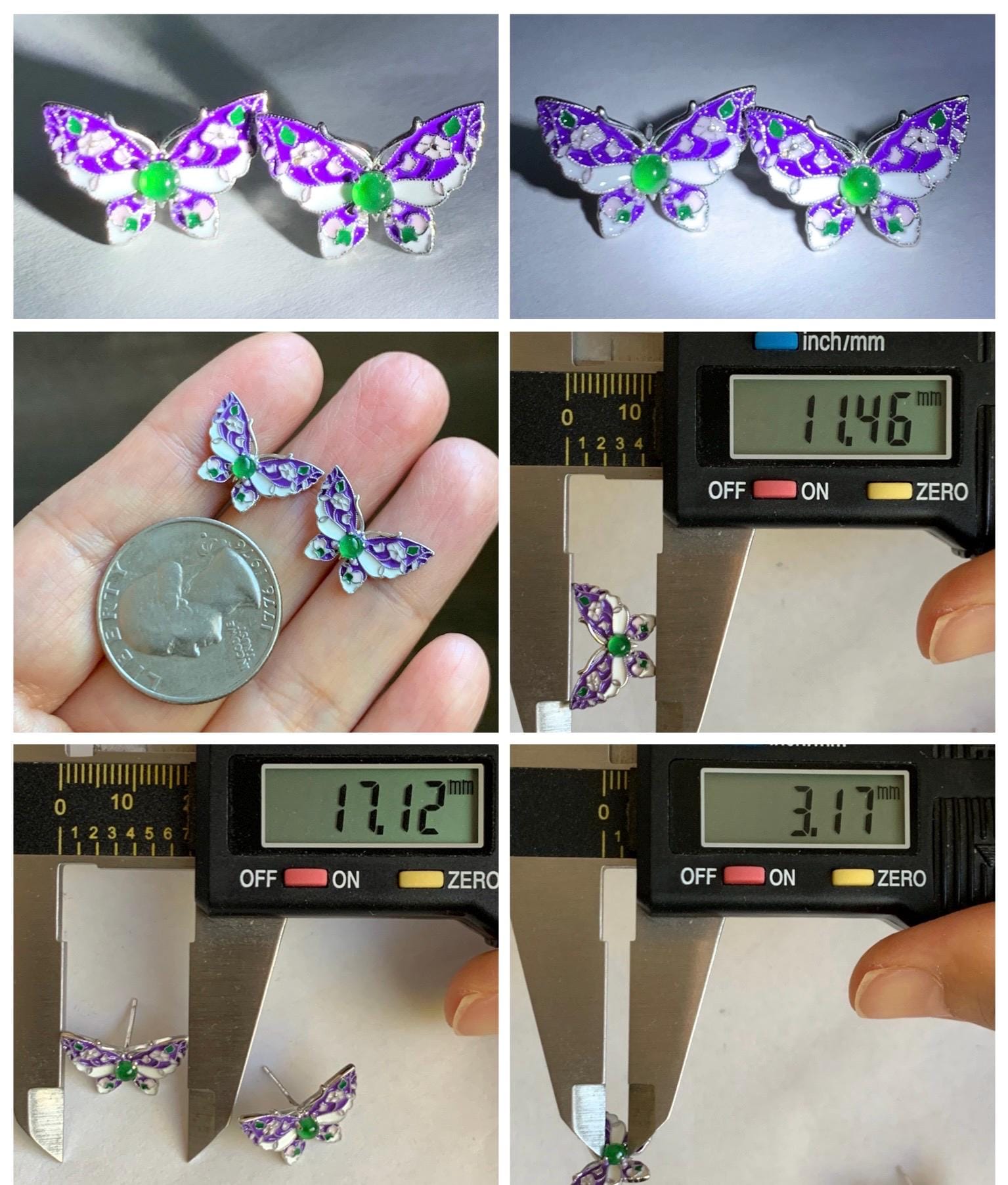 Natural Grade A Guatemalan Icy Translucent Vibrant Green Jade Jadeite Butterfly Enamel Earrings Sterling Silver 天然冰危绿翡翠银镶蝴蝶烤漆耳钉 KQHY66