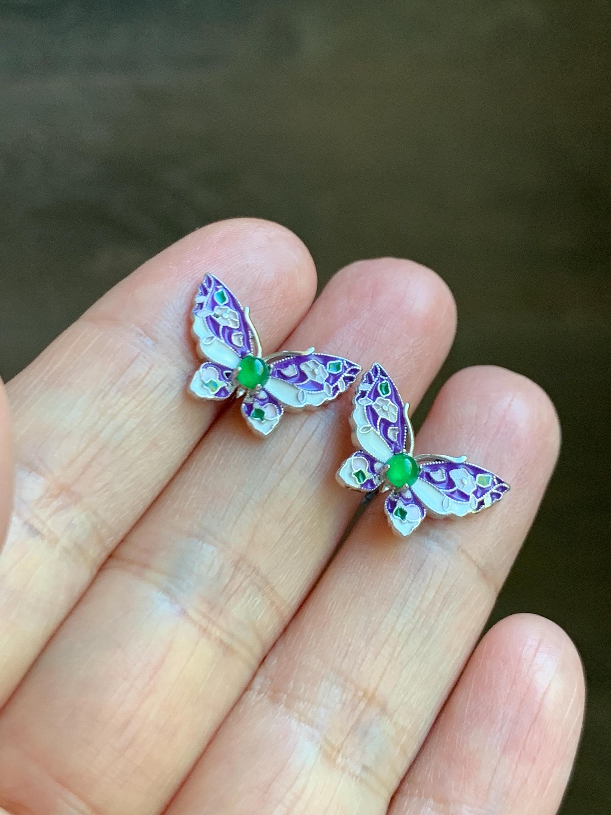 Natural Grade A Guatemalan Icy Translucent Vibrant Green Jade Jadeite Butterfly Enamel Earrings Sterling Silver 天然冰危绿翡翠银镶蝴蝶烤漆耳钉 KQHY66