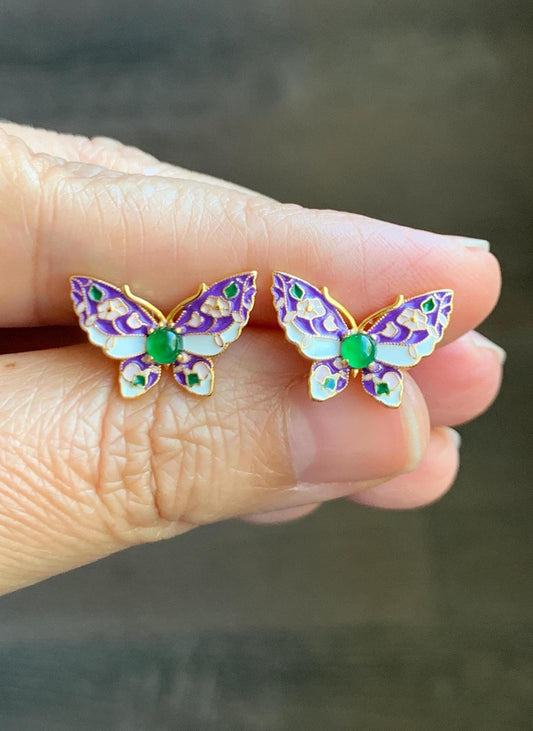 Natural Grade A Guatemalan Icy Translucent Vibrant Green Jade Jadeite Butterfly Enamel Earrings Sterling Silver 天然冰危绿翡翠银镶蝴蝶烤漆耳钉 KQHJ66