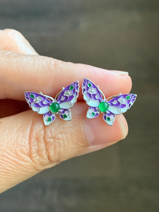 Natural Grade A Guatemalan Icy Translucent Vibrant Green Jade Jadeite Butterfly Enamel Earrings Sterling Silver 天然冰危绿翡翠银镶蝴蝶烤漆耳钉 KQHY66
