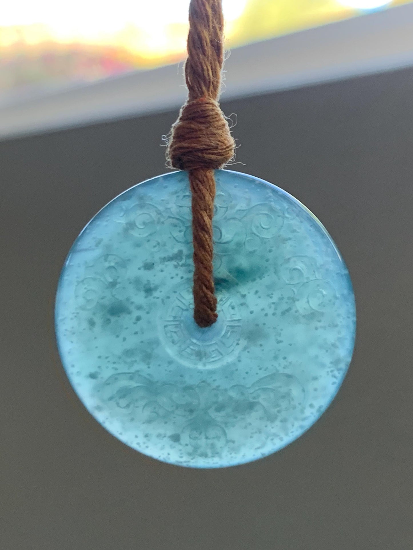 Natural Grade A Guatemalan Icy Dark Teal Green Jade Jadeite Engraved Ping An Kou Donut Pendant Rope Necklace 28” 15g 天然冰危蓝绿翡翠仿古平安扣项链 FGK272