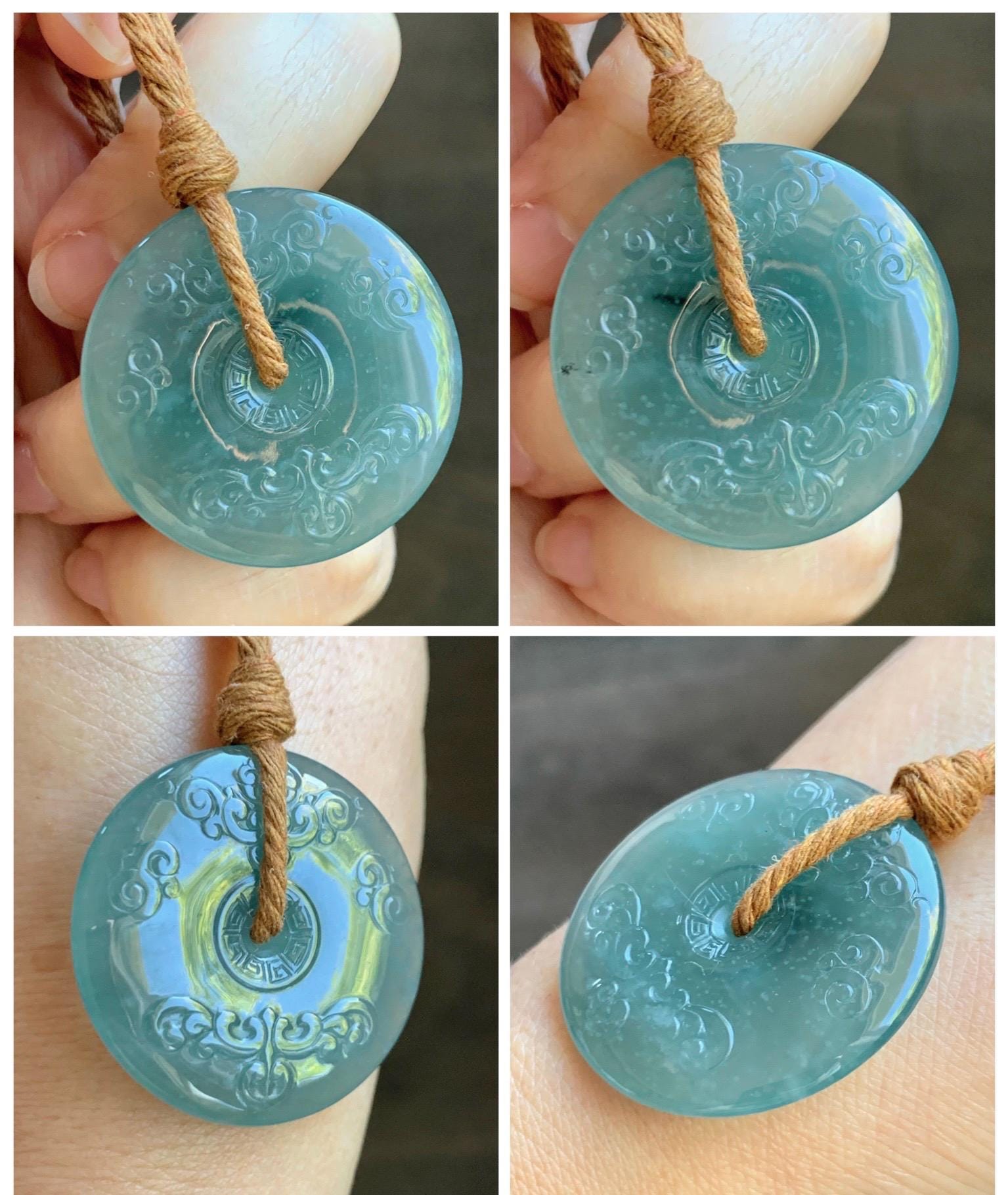 Natural Grade A Guatemalan Icy Dark Teal Green Jade Jadeite Engraved Ping An Kou Donut Pendant Rope Necklace 28” 15g 天然冰危蓝绿翡翠仿古平安扣项链 FGK272