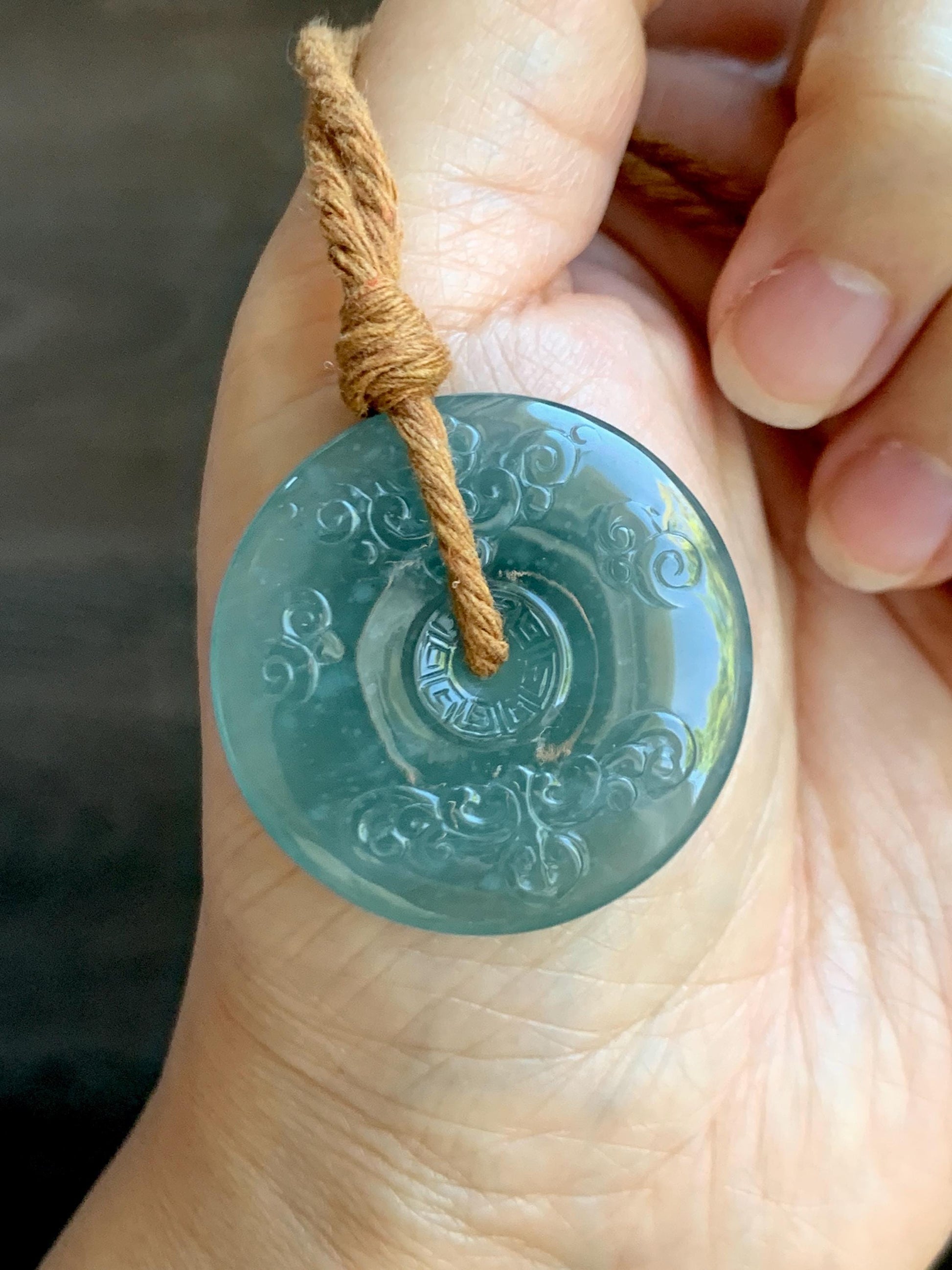 Natural Grade A Guatemalan Icy Dark Teal Green Jade Jadeite Engraved Ping An Kou Donut Pendant Rope Necklace 28” 15g 天然冰危蓝绿翡翠仿古平安扣项链 FGK272