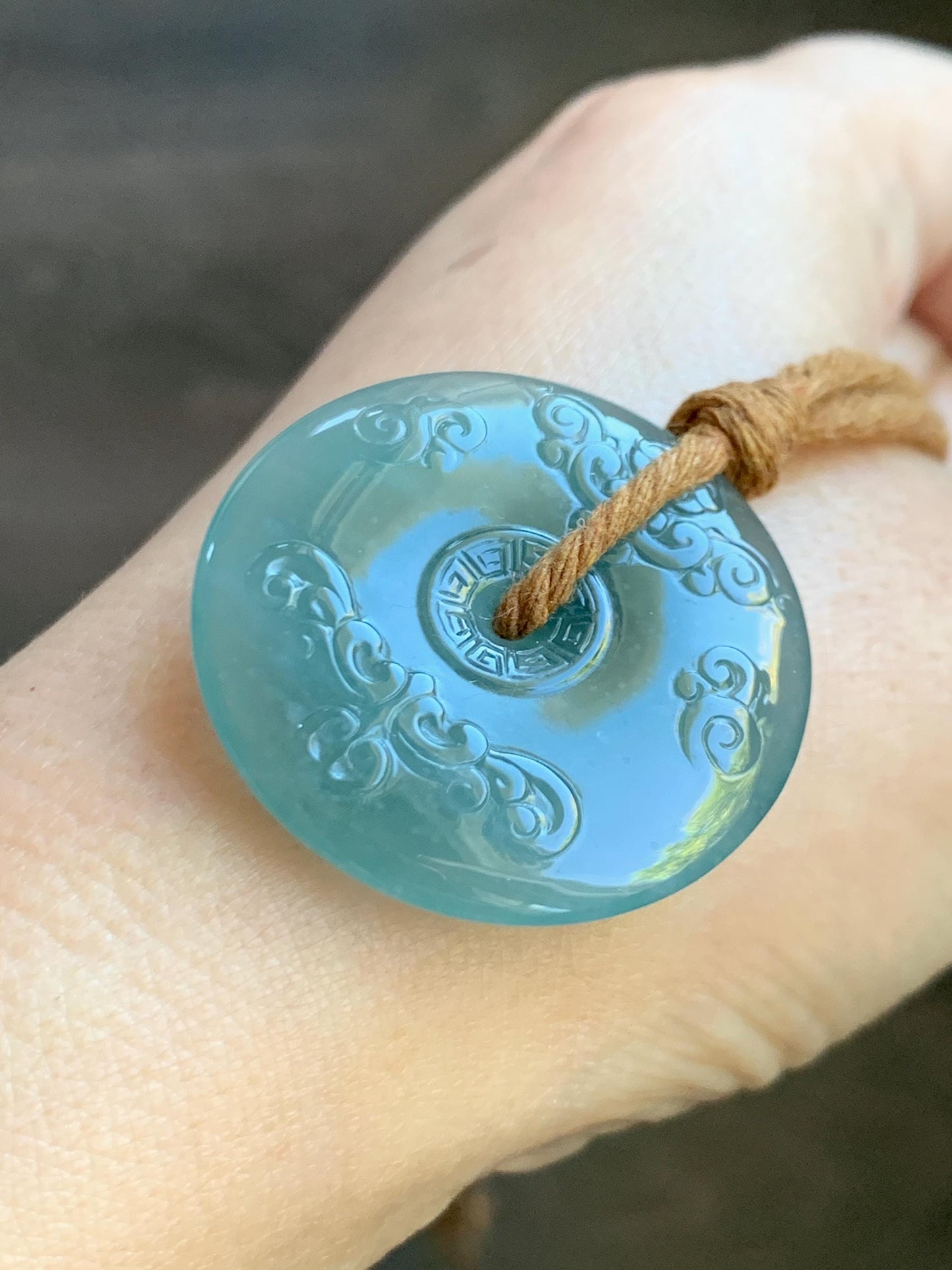 Natural Grade A Guatemalan Icy Dark Teal Green Jade Jadeite Engraved Ping An Kou Donut Pendant Rope Necklace 28” 15g 天然冰危蓝绿翡翠仿古平安扣项链 FGK272