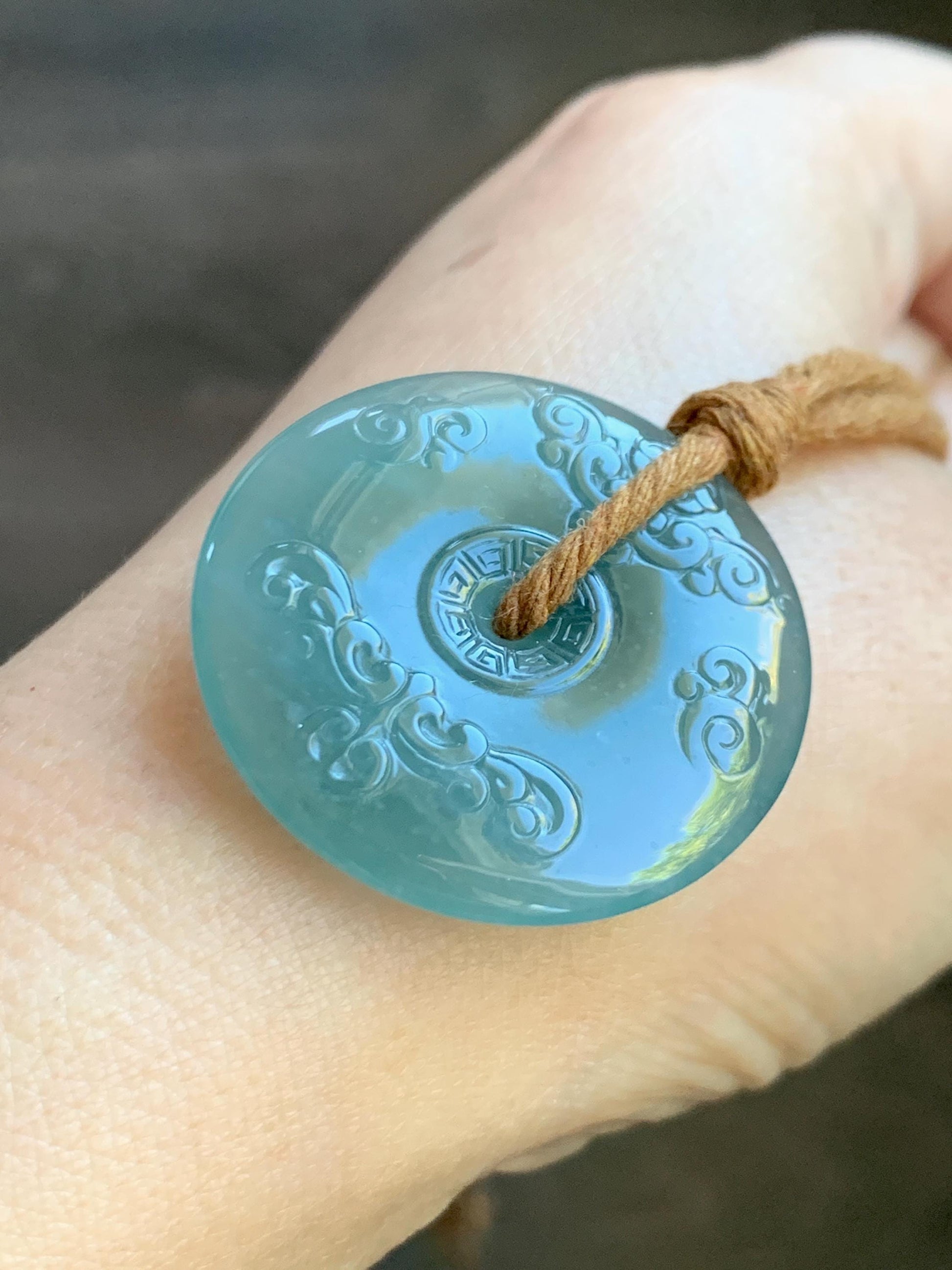Natural Grade A Guatemalan Icy Dark Teal Green Jade Jadeite Engraved Ping An Kou Donut Pendant Rope Necklace 28” 15g 天然冰危蓝绿翡翠仿古平安扣项链 FGK272