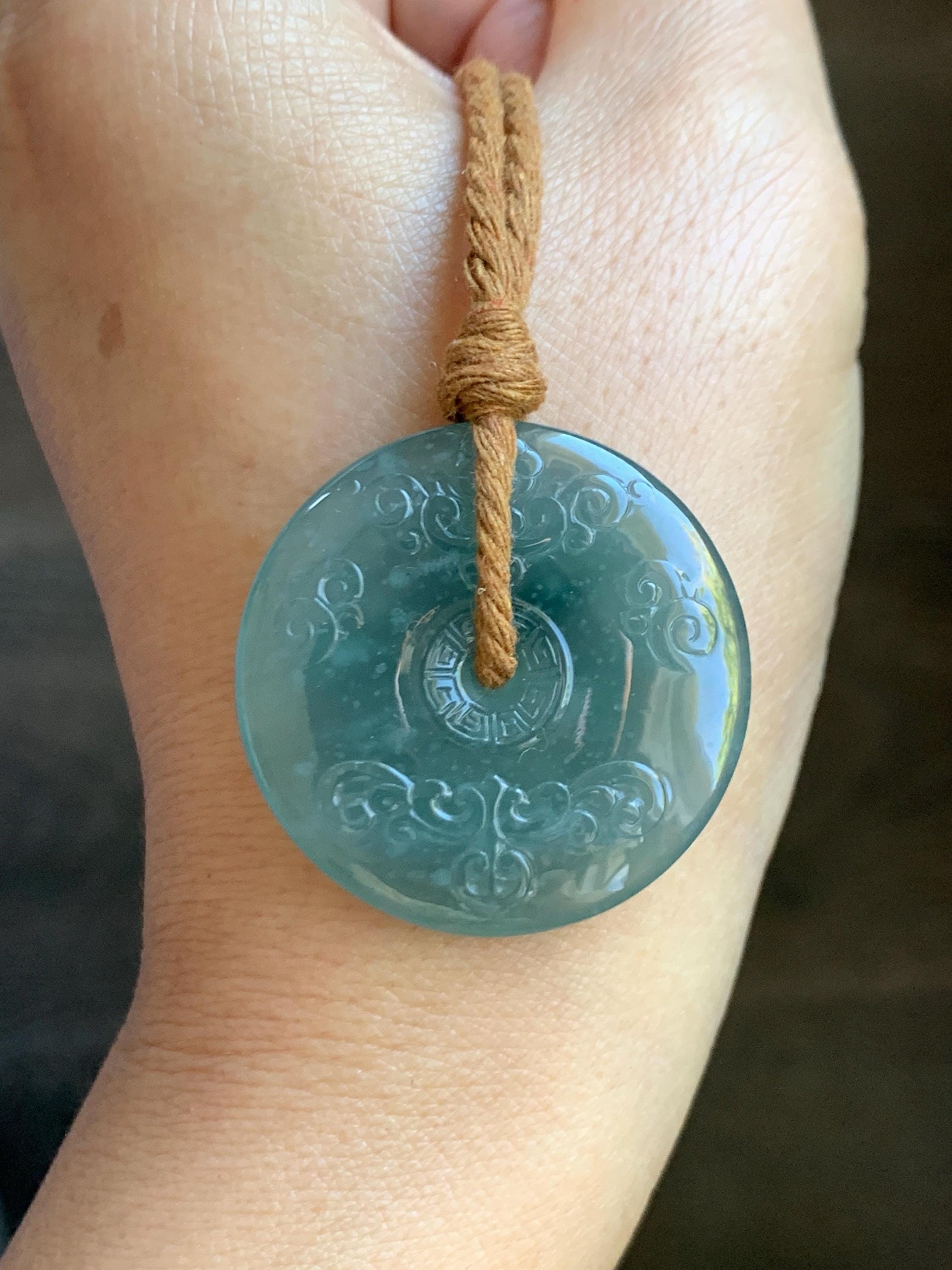 Natural Grade A Guatemalan Icy Dark Teal Green Jade Jadeite Engraved Ping An Kou Donut Pendant Rope Necklace 28” 15g 天然冰危蓝绿翡翠仿古平安扣项链 FGK272