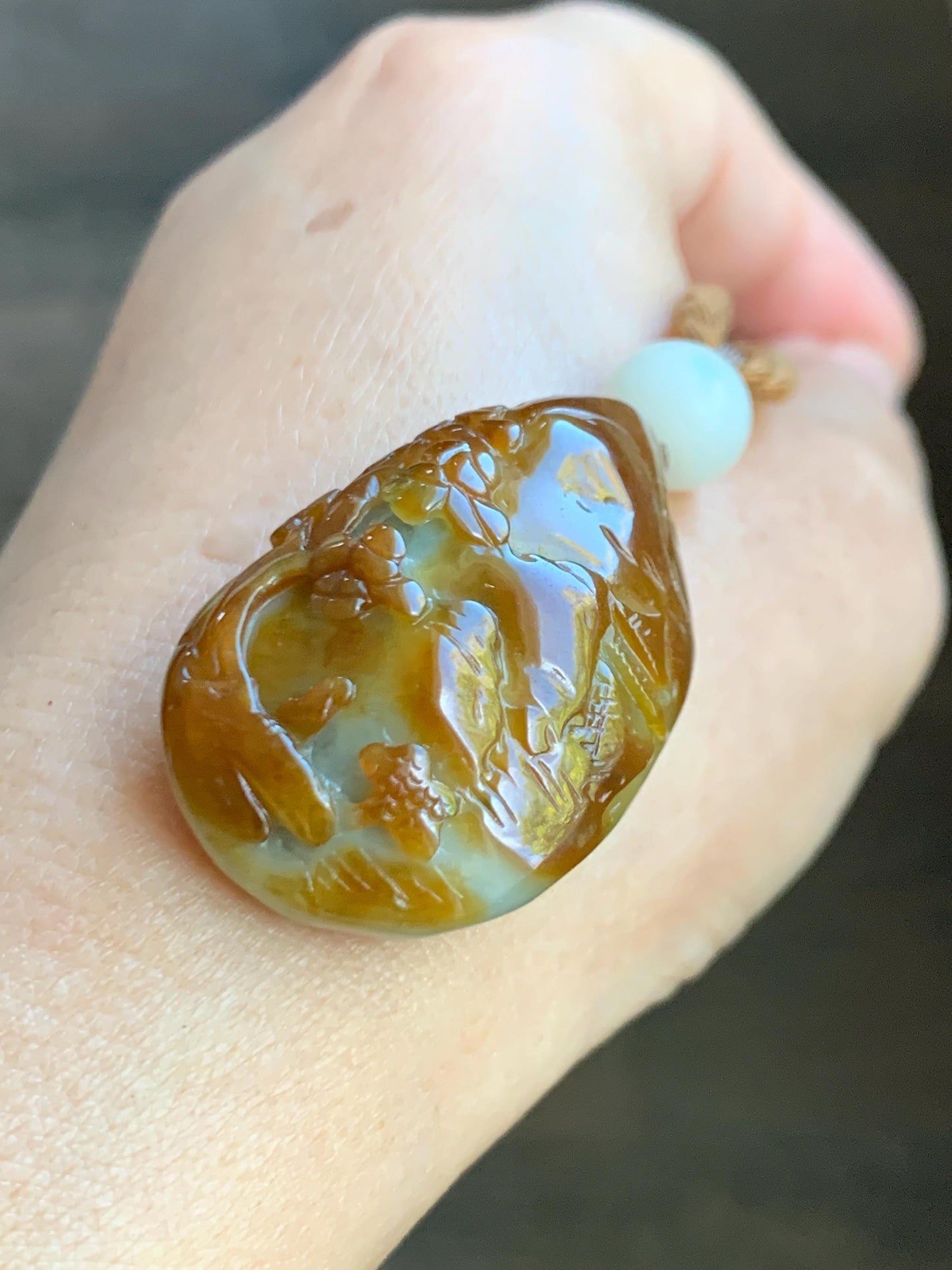 Natural Grade A Icy Intense Yellow Caramel Jade Jadeite Engraved Shan Shui Landscape Teardrop Pendant Rope Necklace 26” 天然鸡油黄翡翠山水牌吊坠 YHS220