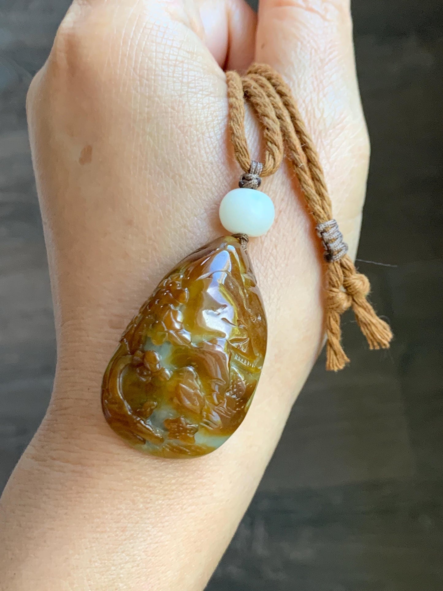 Natural Grade A Icy Intense Yellow Caramel Jade Jadeite Engraved Shan Shui Landscape Teardrop Pendant Rope Necklace 26” 天然鸡油黄翡翠山水牌吊坠 YHS220