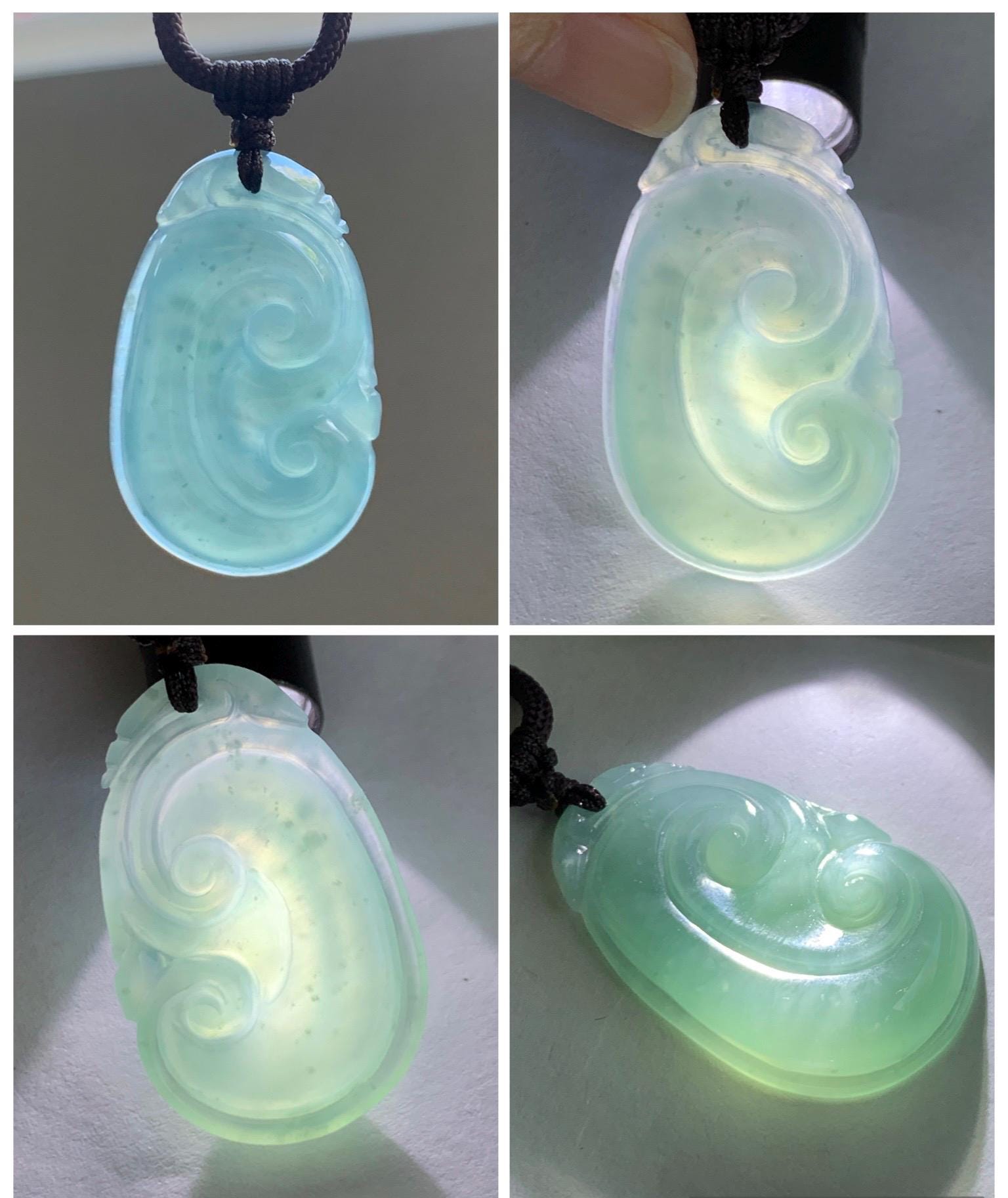 Natural Grade A Guatemalan Icy Translucent Teal Jade Jadeite Large Ruyi Pendant Rope Necklace 24" Adjustable 11g 天然冰危蓝绿翡翠如意吊坠 DRY330A