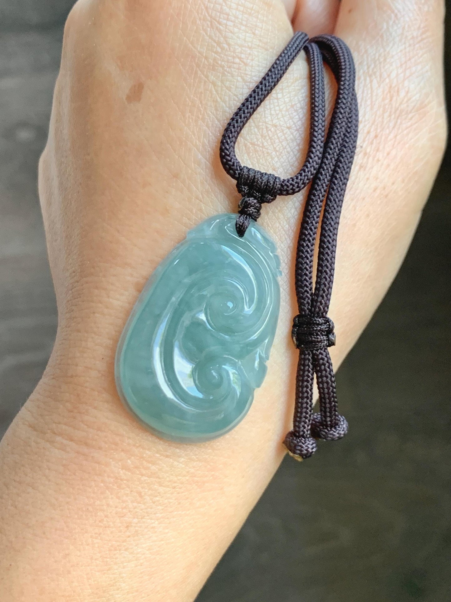 Natural Grade A Guatemalan Icy Translucent Teal Jade Jadeite Large Ruyi Pendant Rope Necklace 24" Adjustable 11g 天然冰危蓝绿翡翠如意吊坠 DRY330A