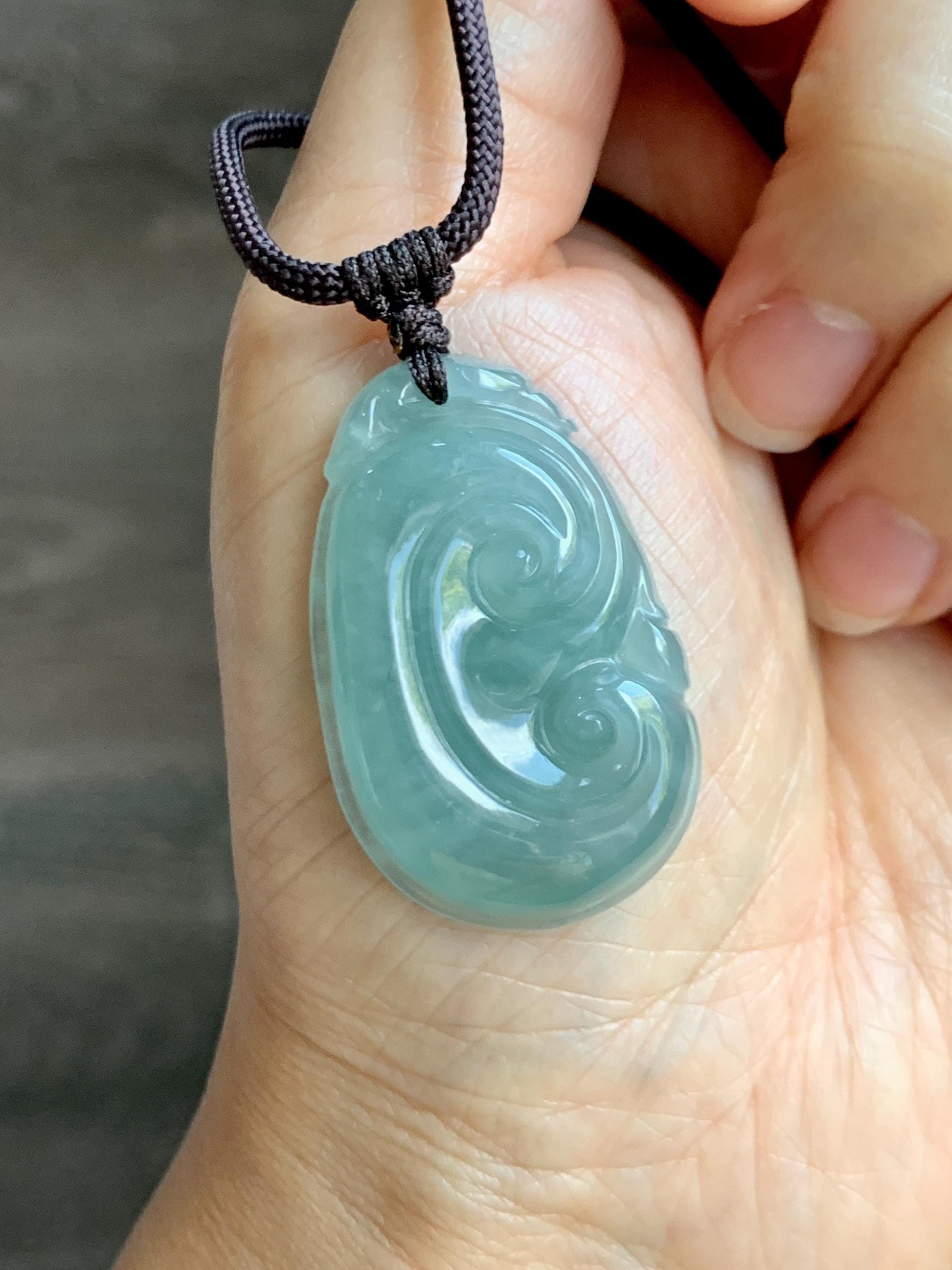 Natural Grade A Guatemalan Icy Translucent Teal Jade Jadeite Large Ruyi Pendant Rope Necklace 24" Adjustable 11g 天然冰危蓝绿翡翠如意吊坠 DRY330A