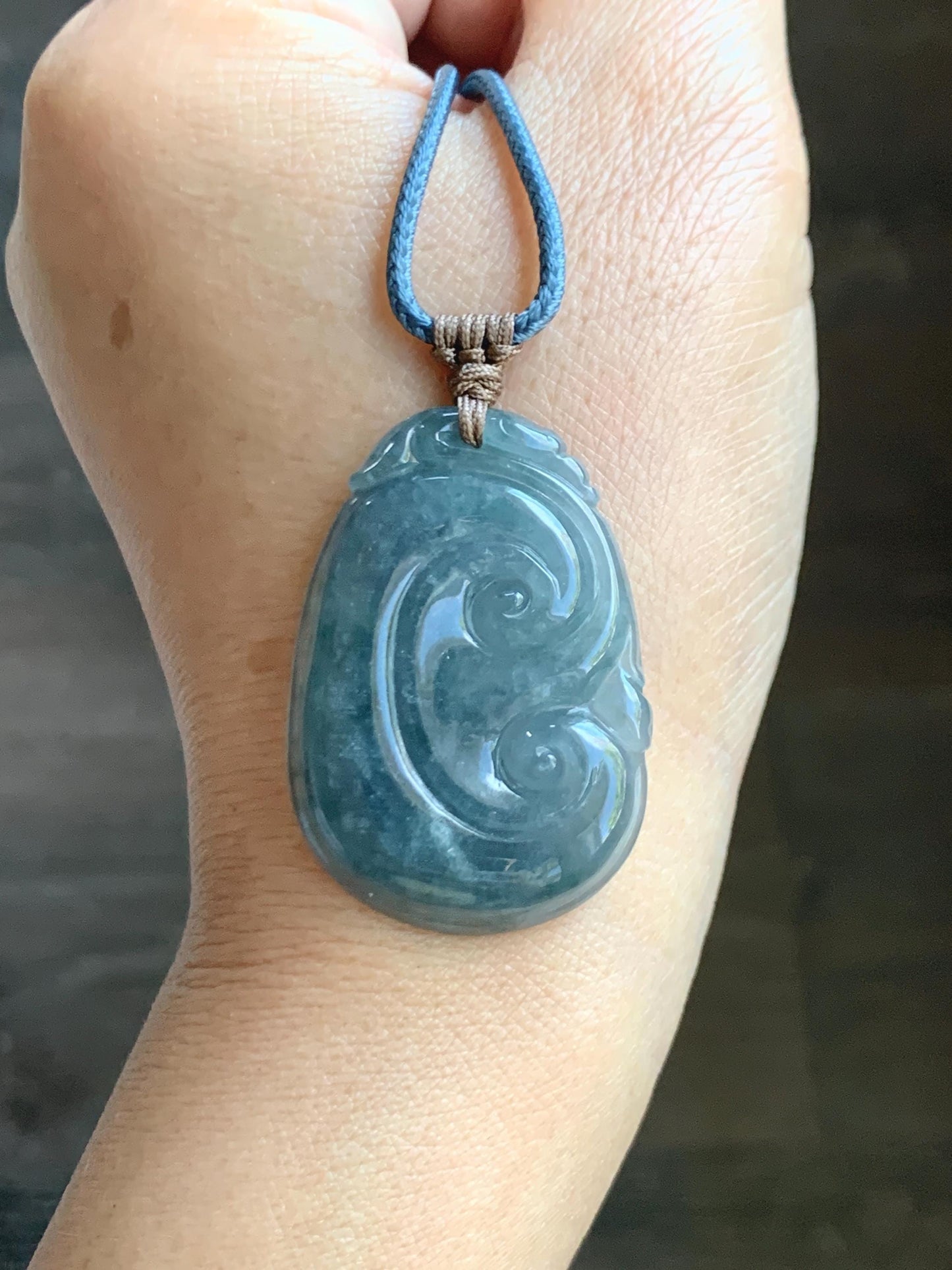 Natural Grade A Guatemalan Icy Translucent Dusty Blueberry Jade Jadeite Large Ruyi Pendant Rope Necklace 25" 11g 天然冰危蓝莓紫翡翠如意吊坠 DRY330B