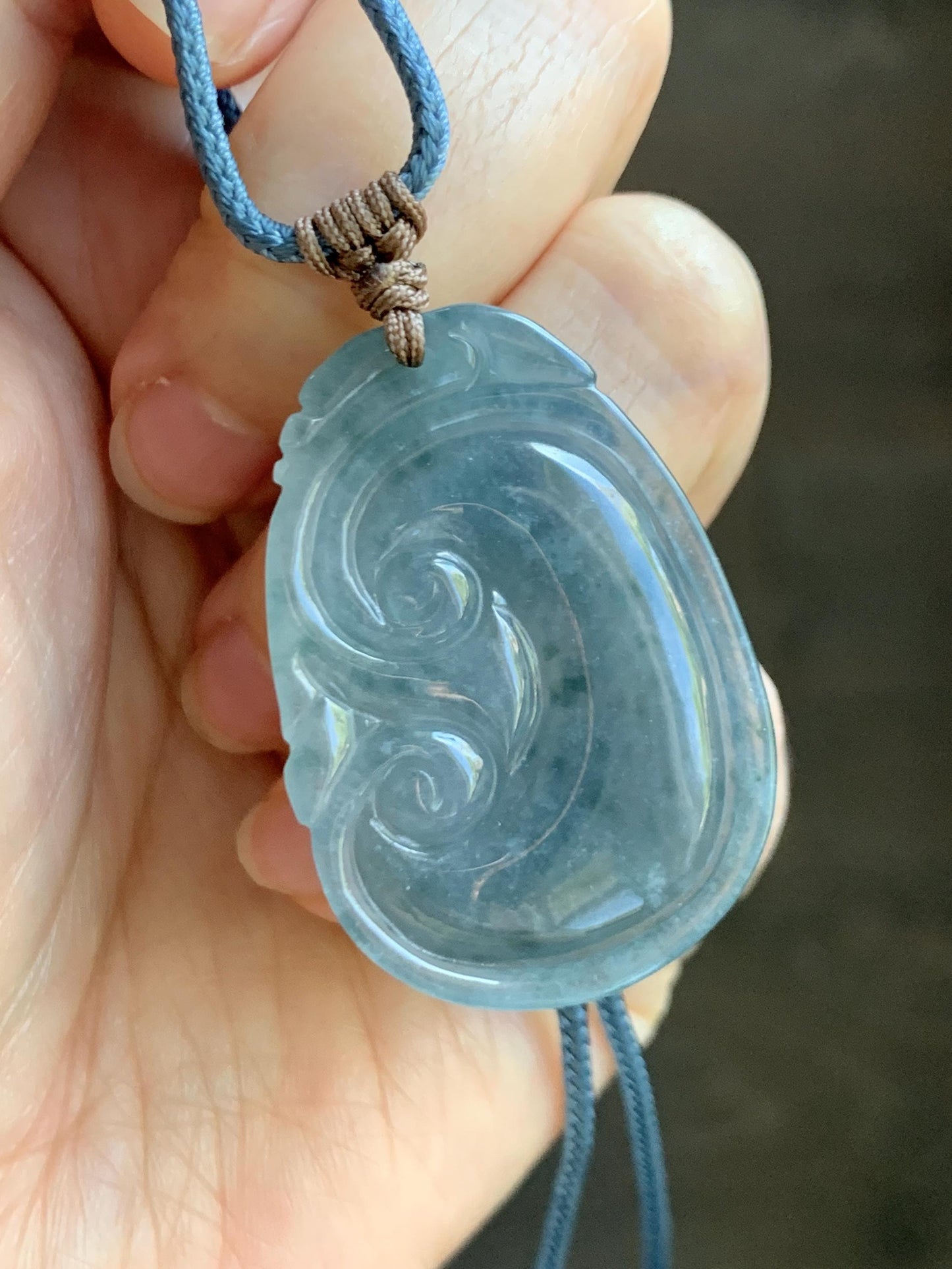 Natural Grade A Guatemalan Icy Translucent Dusty Blueberry Jade Jadeite Large Ruyi Pendant Rope Necklace 25" 11g 天然冰危蓝莓紫翡翠如意吊坠 DRY330B