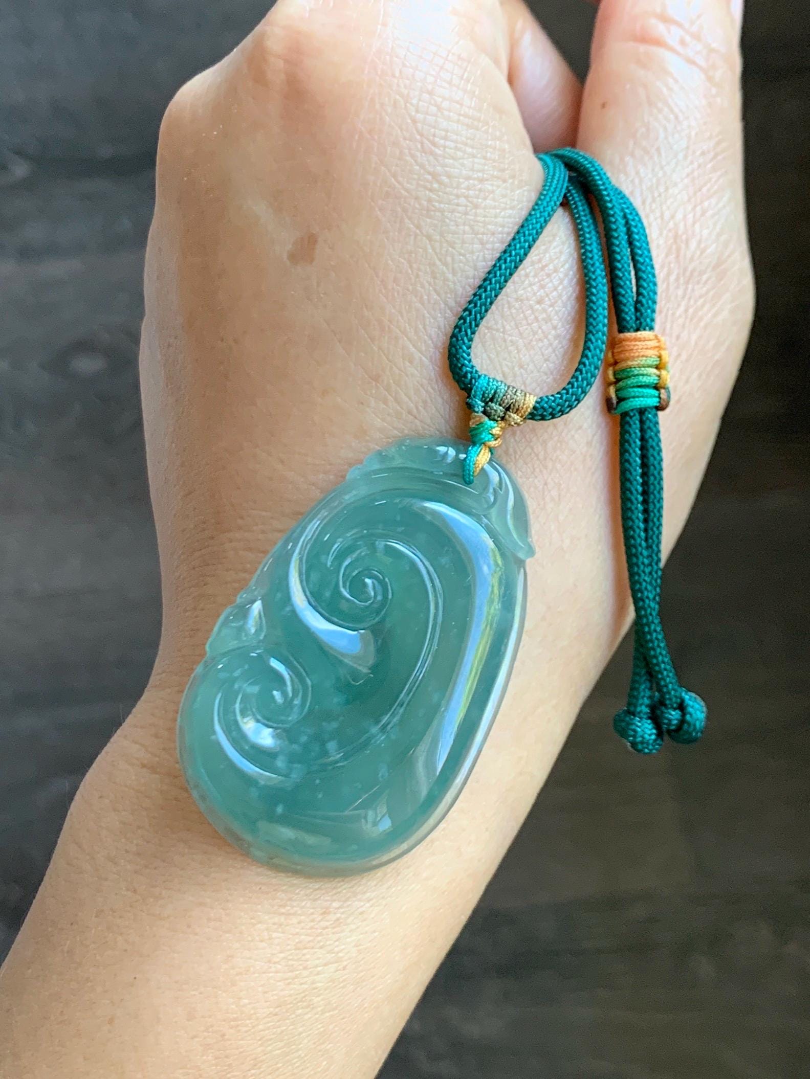 Natural Grade A Guatemalan Icy Translucent Dark Teal Jade Jadeite Large Ruyi Pendant Rope Necklace 27.5" Adjustable 天然冰危深蓝绿翡翠如意吊坠 DRY330C