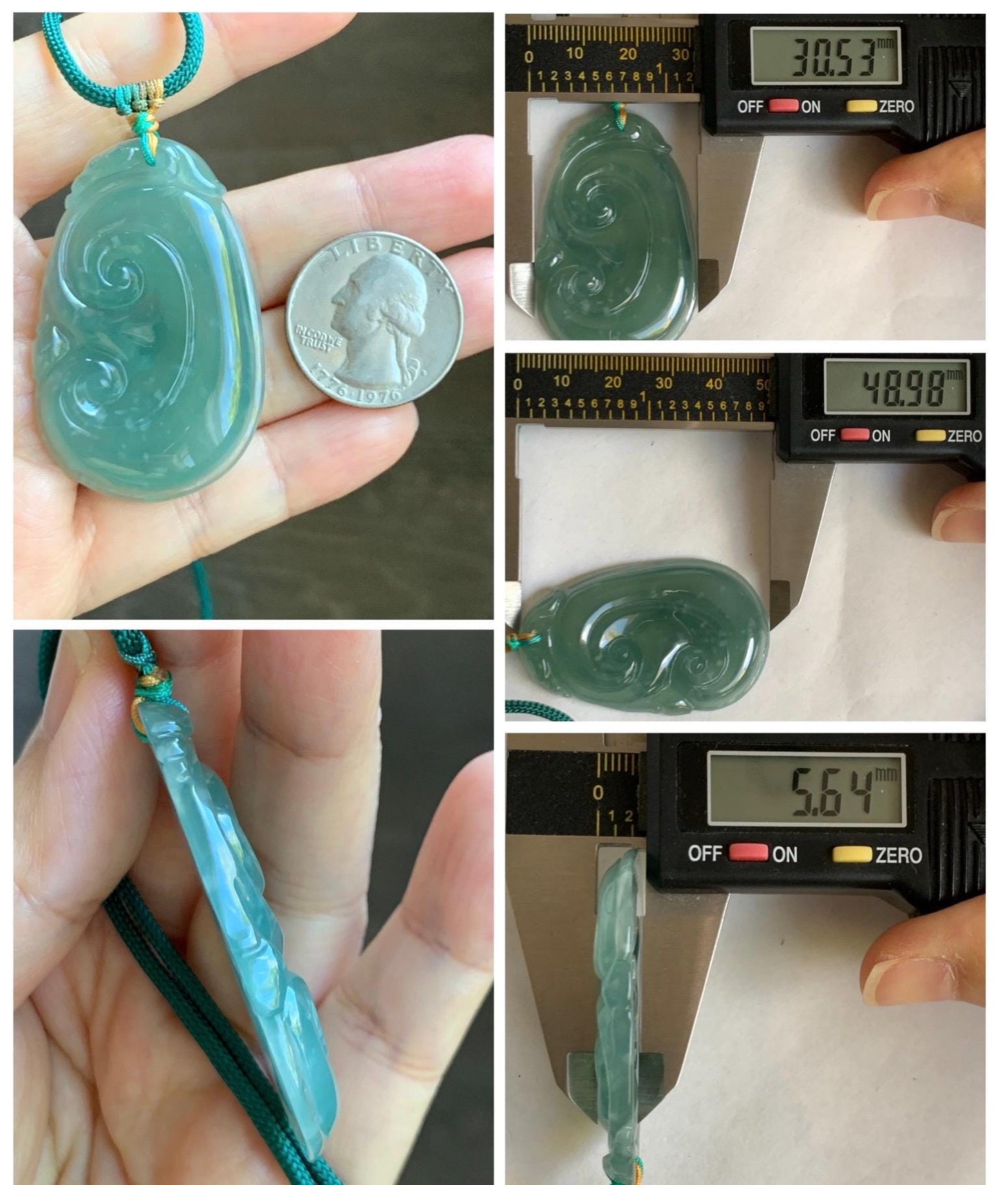 Natural Grade A Guatemalan Icy Translucent Dark Teal Jade Jadeite Large Ruyi Pendant Rope Necklace 27.5" Adjustable 天然冰危深蓝绿翡翠如意吊坠 DRY330C