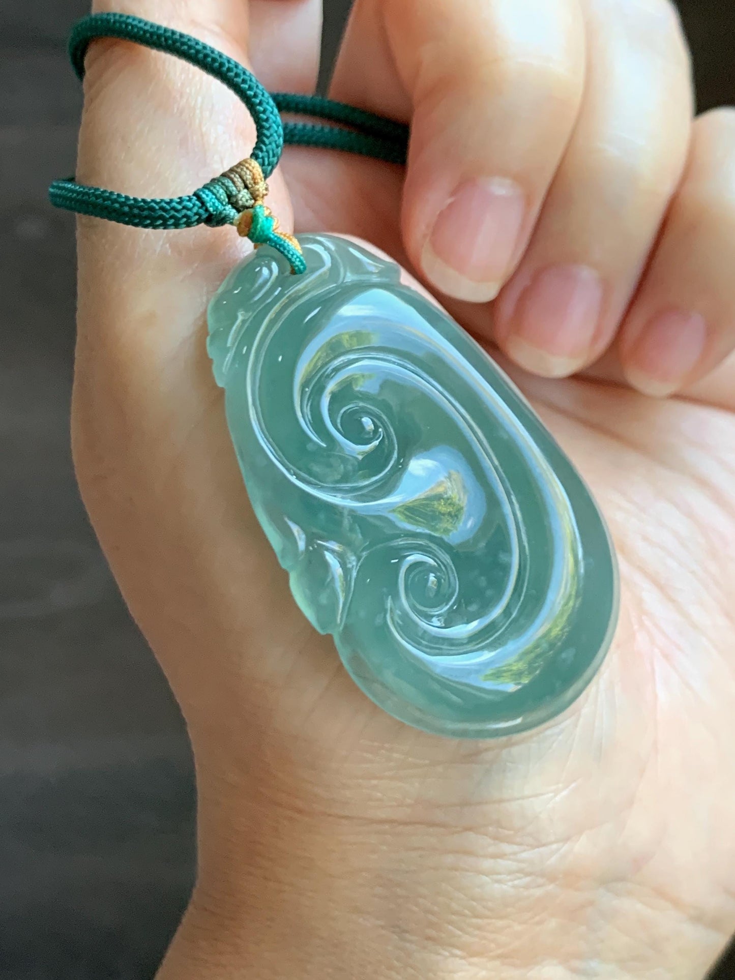 Natural Grade A Guatemalan Icy Translucent Dark Teal Jade Jadeite Large Ruyi Pendant Rope Necklace 27.5" Adjustable 天然冰危深蓝绿翡翠如意吊坠 DRY330C