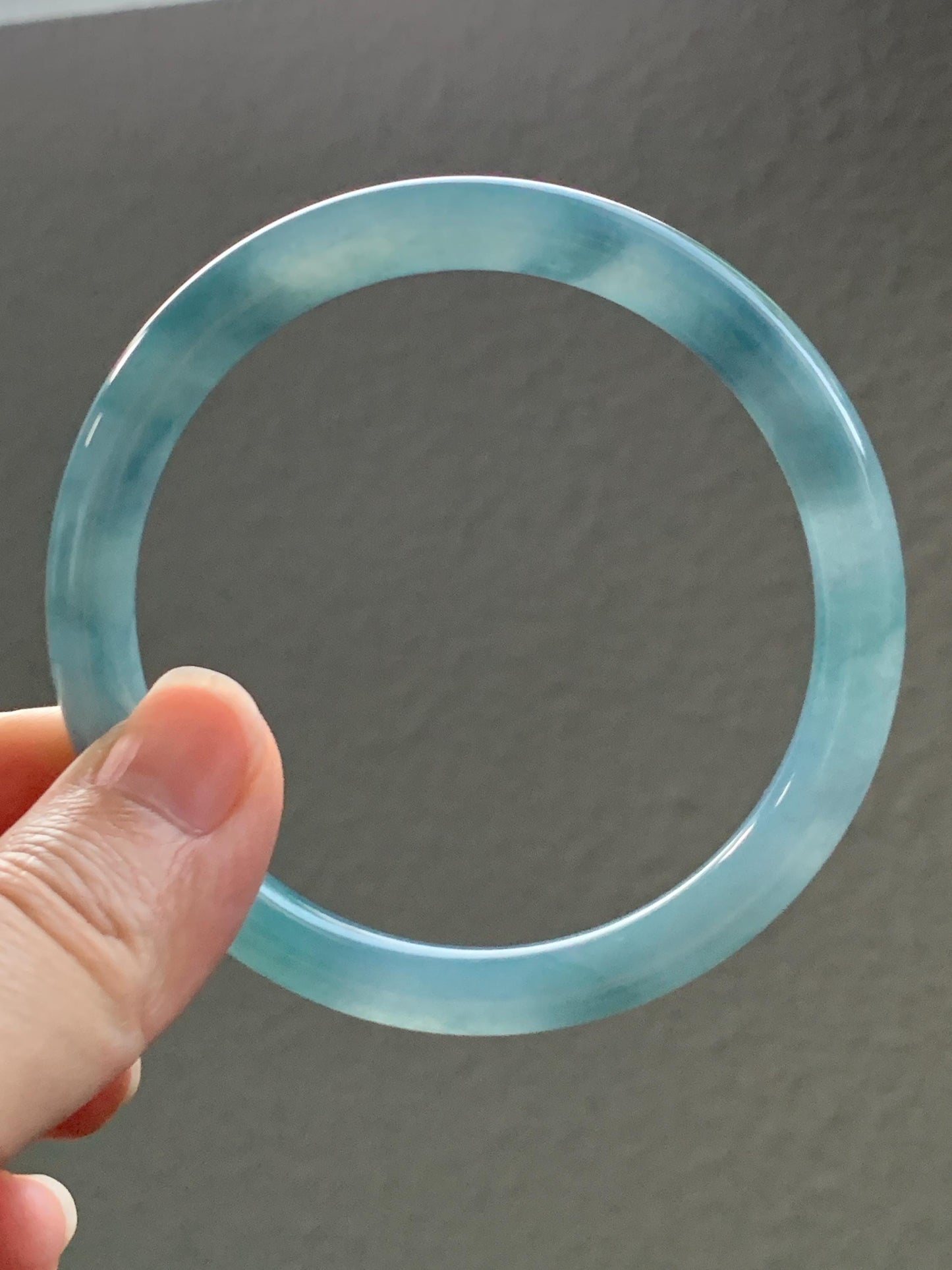 Certified Natural Grade A Guatemalan Icy Translucent Dusty Blue Marbled Jade Jadeite Bangle Bracelet 58.7mm 7.25” 32g 天然冰危蓝飘花翡翠圆条手镯 731