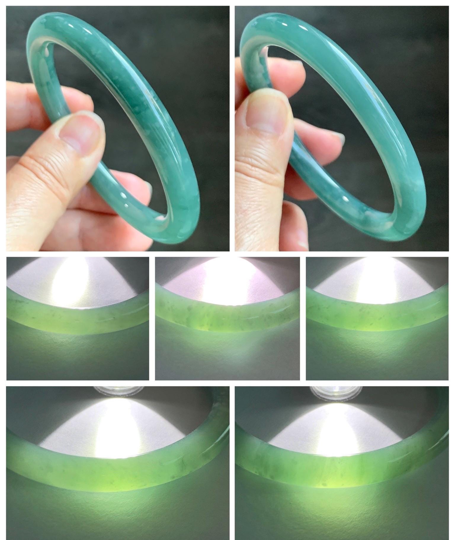 Certified Natural Grade A Guatemalan Icy Translucent Dusty Teal Green Jade Jadeite Bangle Bracelet 57.3mm 7” 33g 天然冰危深蓝绿翡翠圆条手镯 714