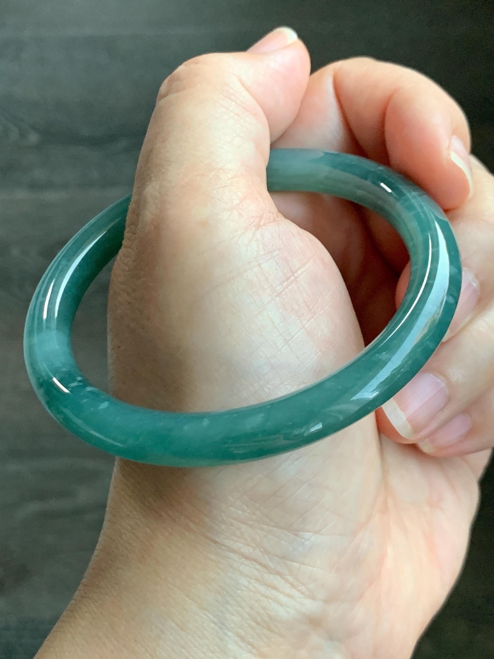 Certified Natural Grade A Guatemalan Icy Translucent Dusty Teal Green Jade Jadeite Bangle Bracelet 57.3mm 7” 33g 天然冰危深蓝绿翡翠圆条手镯 714