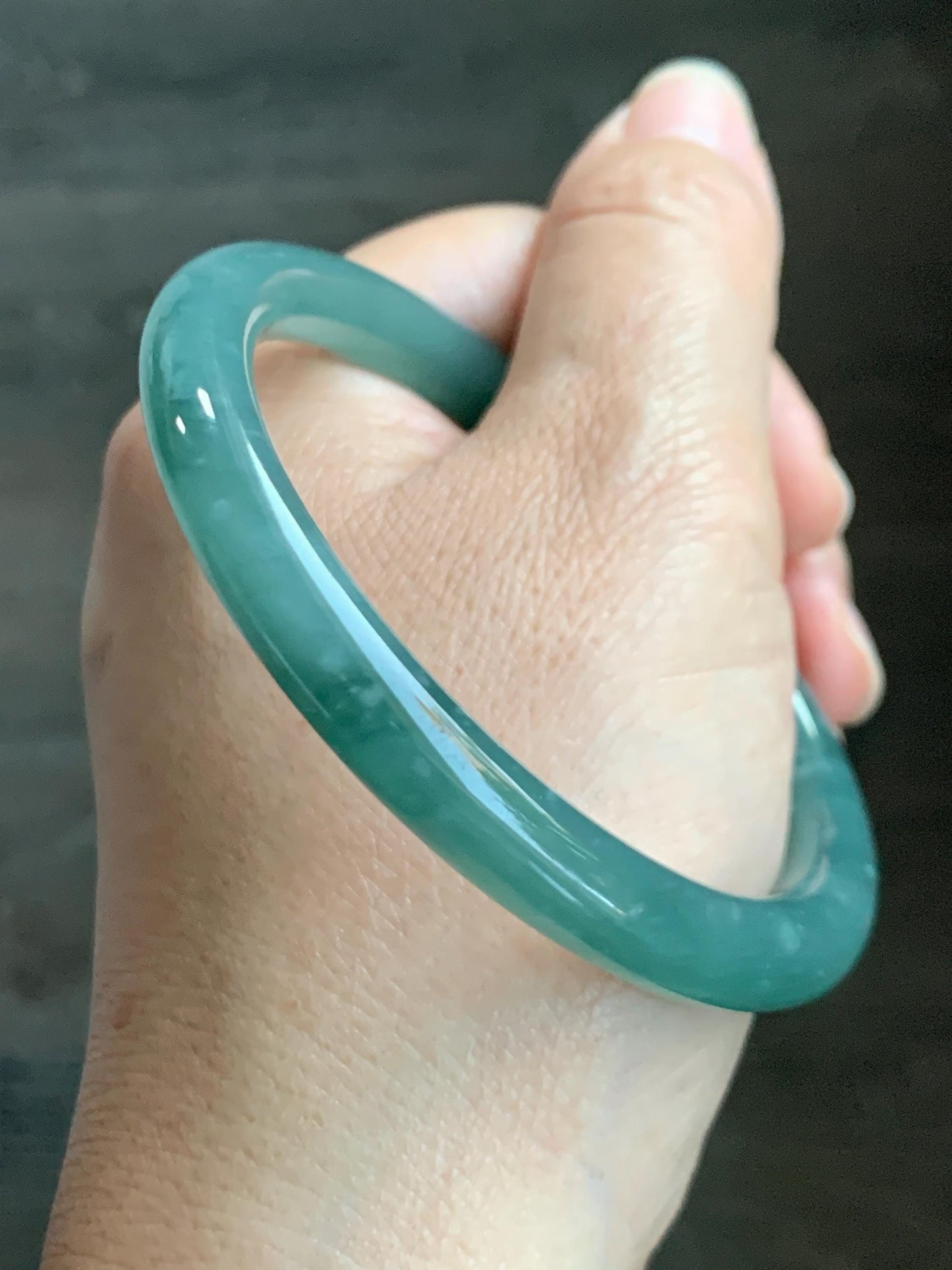 Certified Natural Grade A Guatemalan Icy Translucent Dusty Teal Green Jade Jadeite Bangle Bracelet 57.3mm 7” 33g 天然冰危深蓝绿翡翠圆条手镯 714