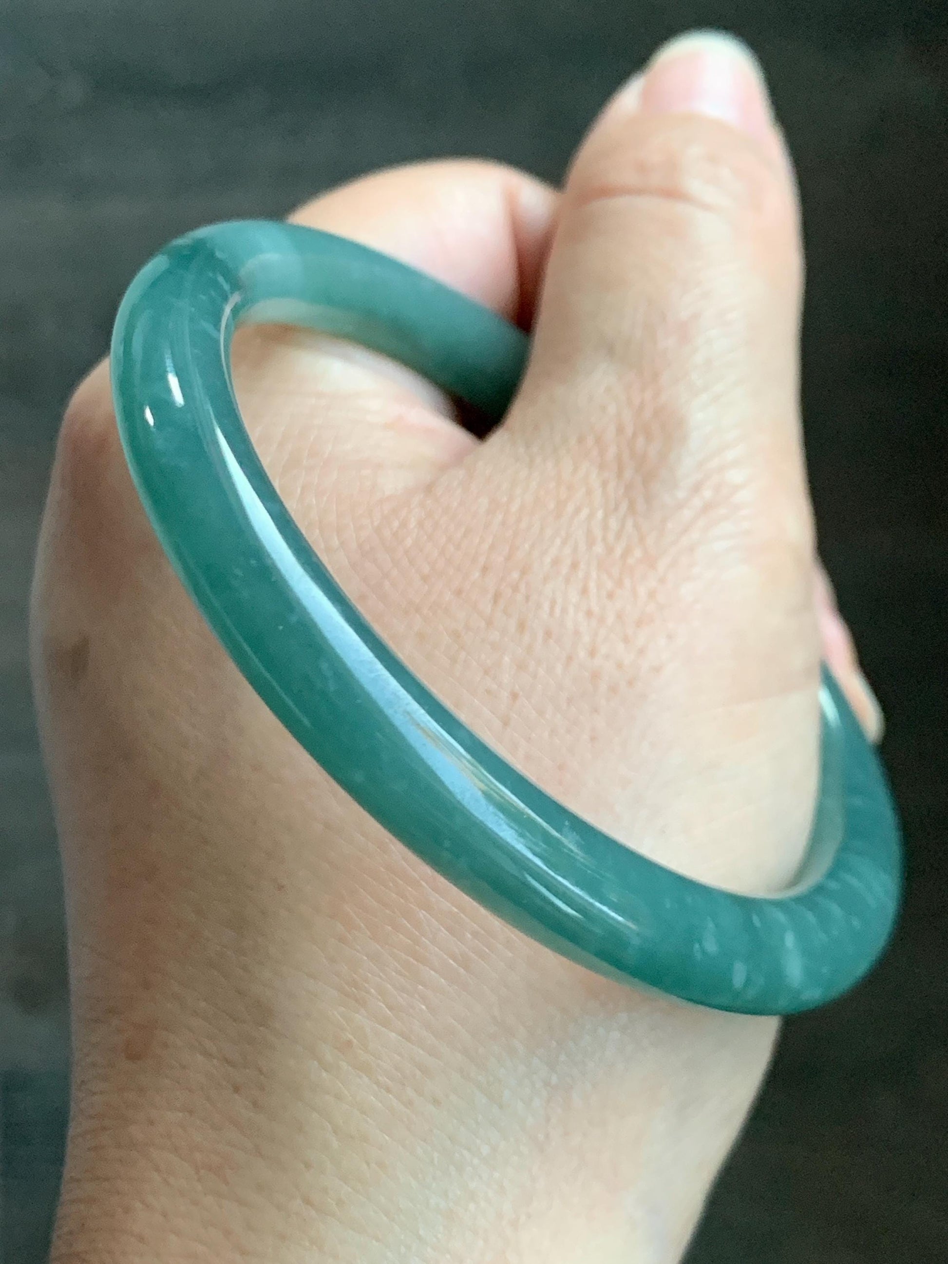 Certified Natural Grade A Guatemalan Icy Translucent Dusty Teal Green Jade Jadeite Bangle Bracelet 57.3mm 7” 33g 天然冰危深蓝绿翡翠圆条手镯 714