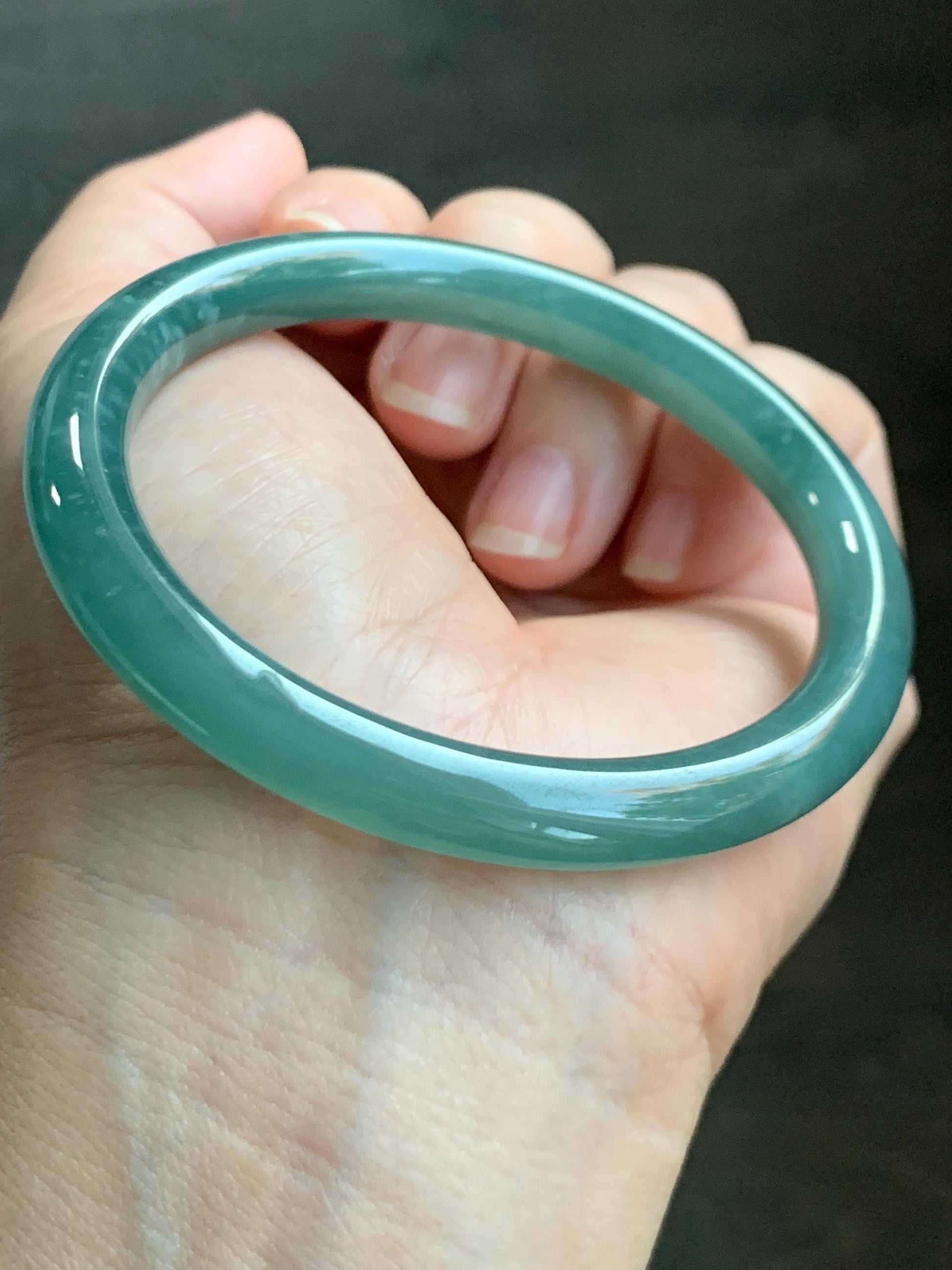 Certified Natural Grade A Guatemalan Icy Translucent Dusty Teal Green Jade Jadeite Bangle Bracelet 57.3mm 7” 33g 天然冰危深蓝绿翡翠圆条手镯 714