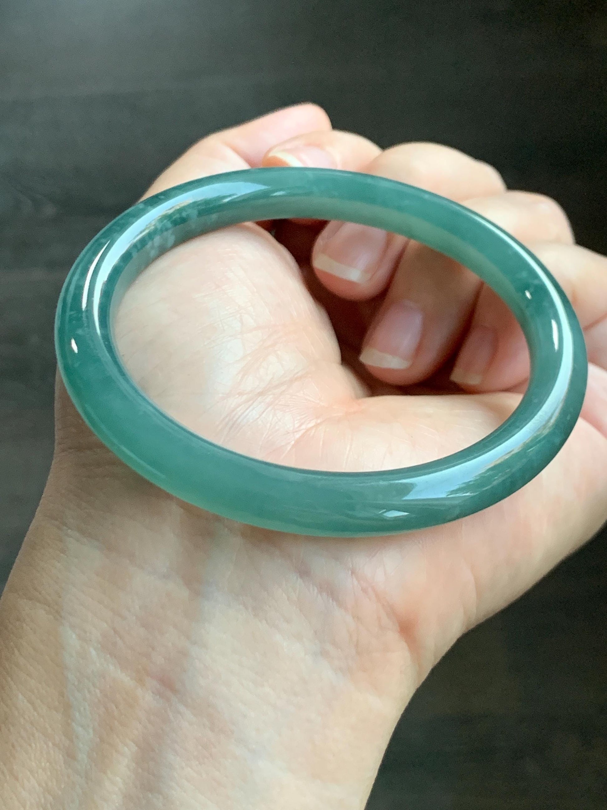 Certified Natural Grade A Guatemalan Icy Translucent Dusty Teal Green Jade Jadeite Bangle Bracelet 57.3mm 7” 33g 天然冰危深蓝绿翡翠圆条手镯 714