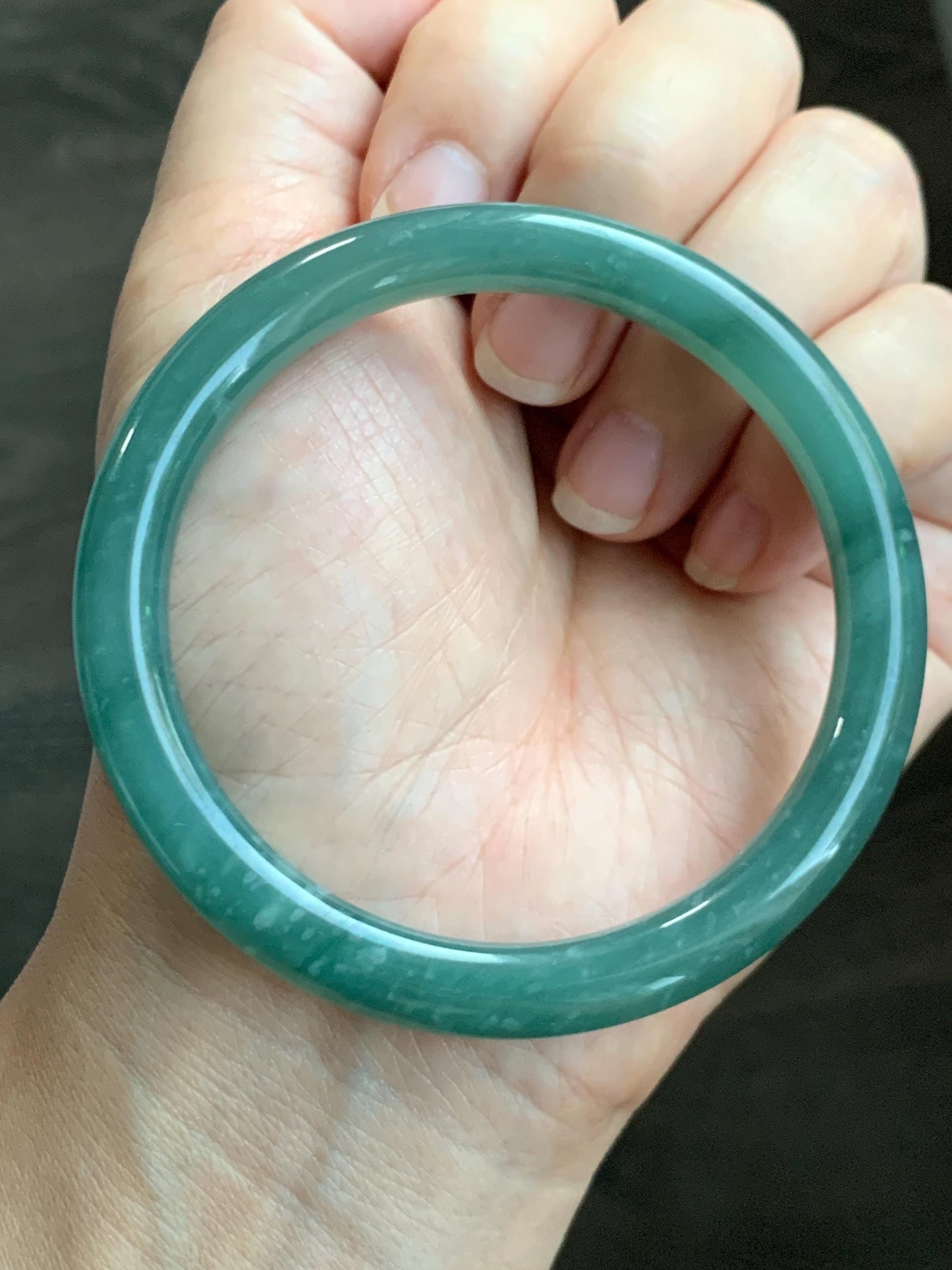 Certified Natural Grade A Guatemalan Icy Translucent Dusty Teal Green Jade Jadeite Bangle Bracelet 57.3mm 7” 33g 天然冰危深蓝绿翡翠圆条手镯 714