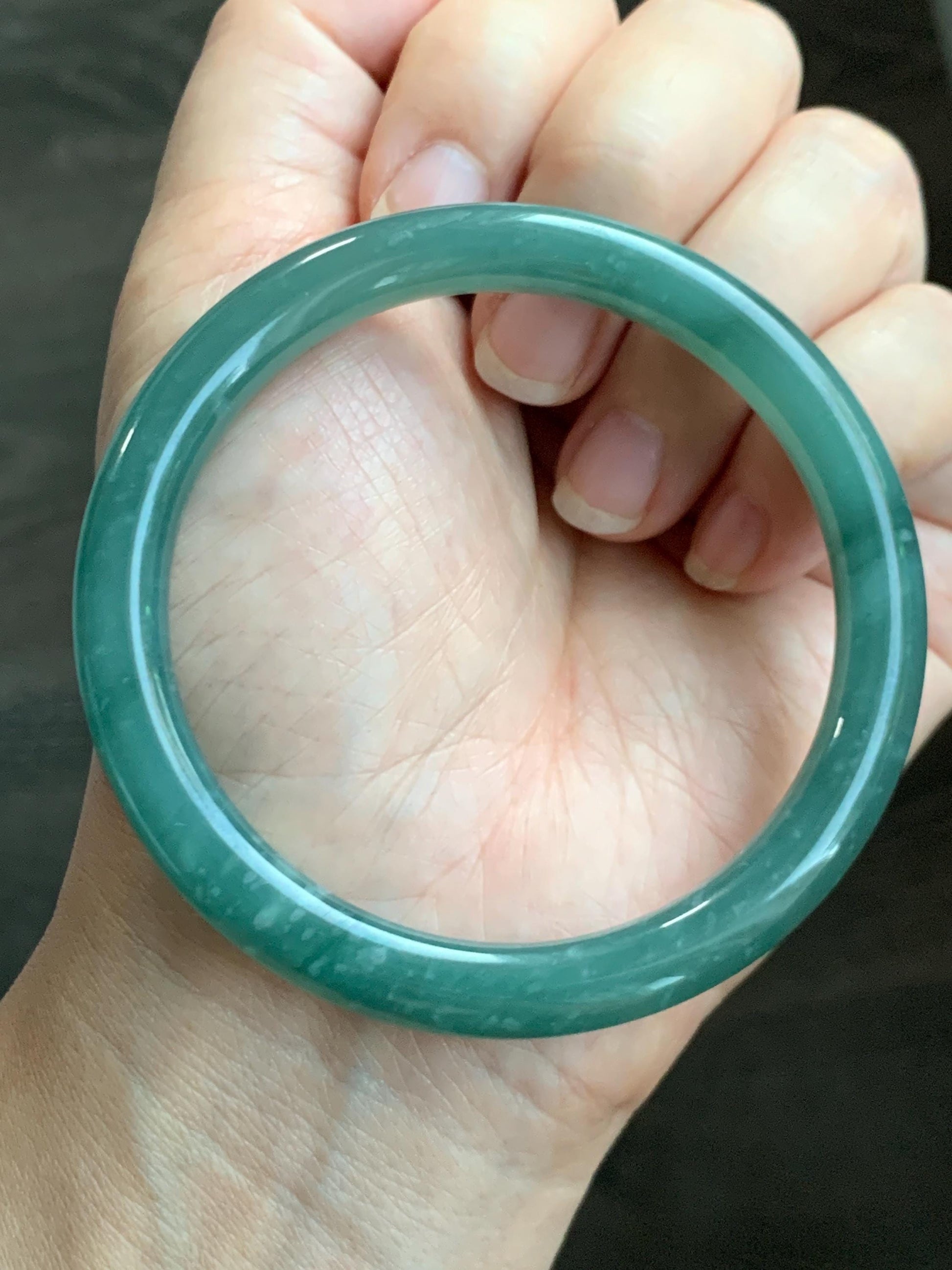 Certified Natural Grade A Guatemalan Icy Translucent Dusty Teal Green Jade Jadeite Bangle Bracelet 57.3mm 7” 33g 天然冰危深蓝绿翡翠圆条手镯 714
