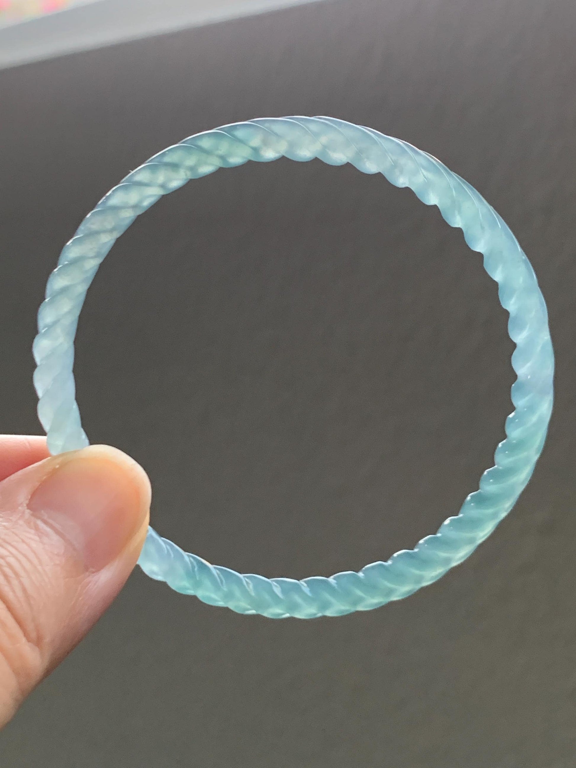 Certified Natural Grade A Guatemalan Icy Translucent Gelatinous Light Teal Jade Jadeite Carved Braid Bangle 54mm 6.68” 天然冰胶危浅蓝绿翡翠细麻花手镯 719