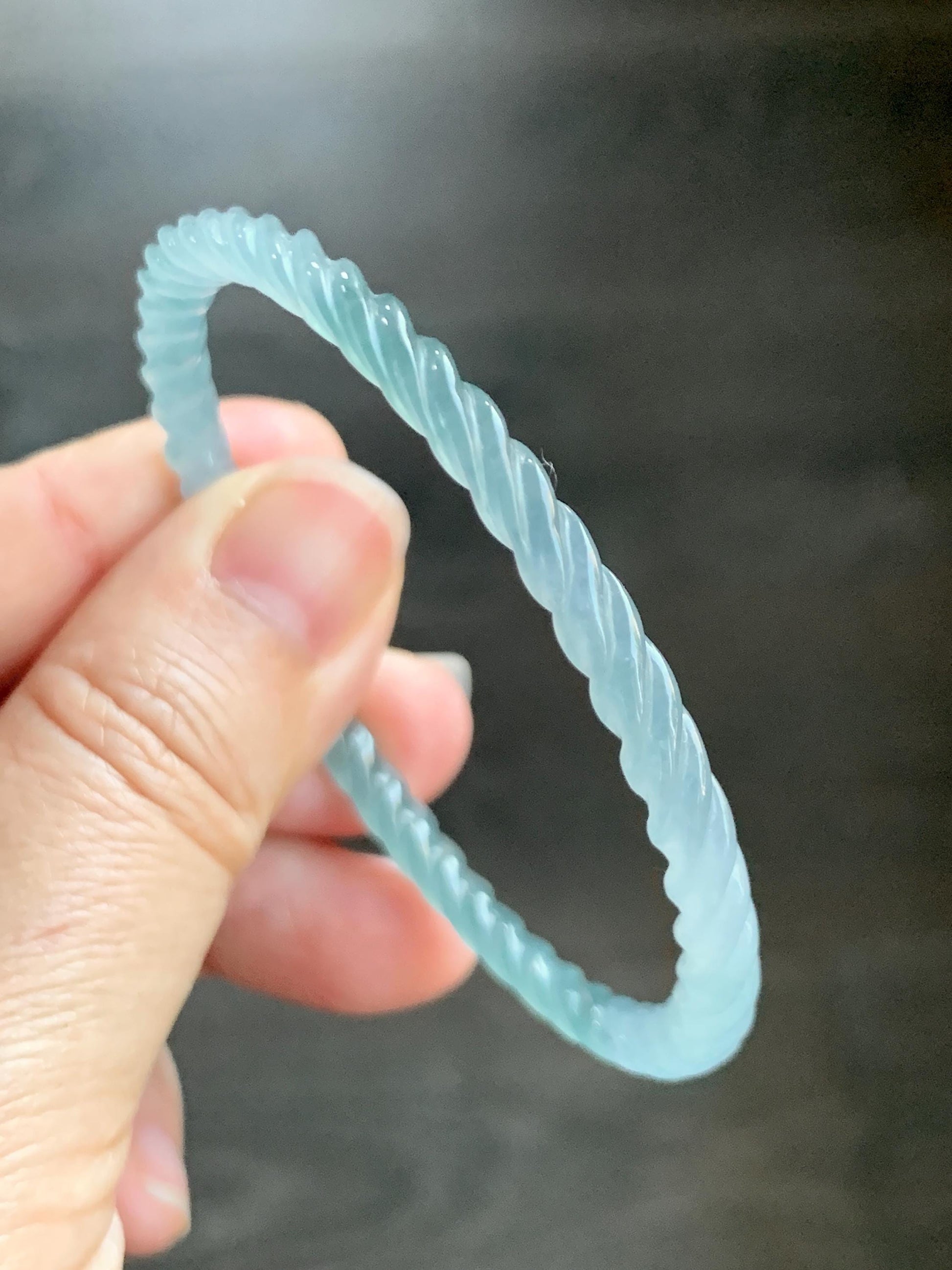 Certified Natural Grade A Guatemalan Icy Translucent Gelatinous Light Teal Jade Jadeite Carved Braid Bangle 54mm 6.68” 天然冰胶危浅蓝绿翡翠细麻花手镯 719