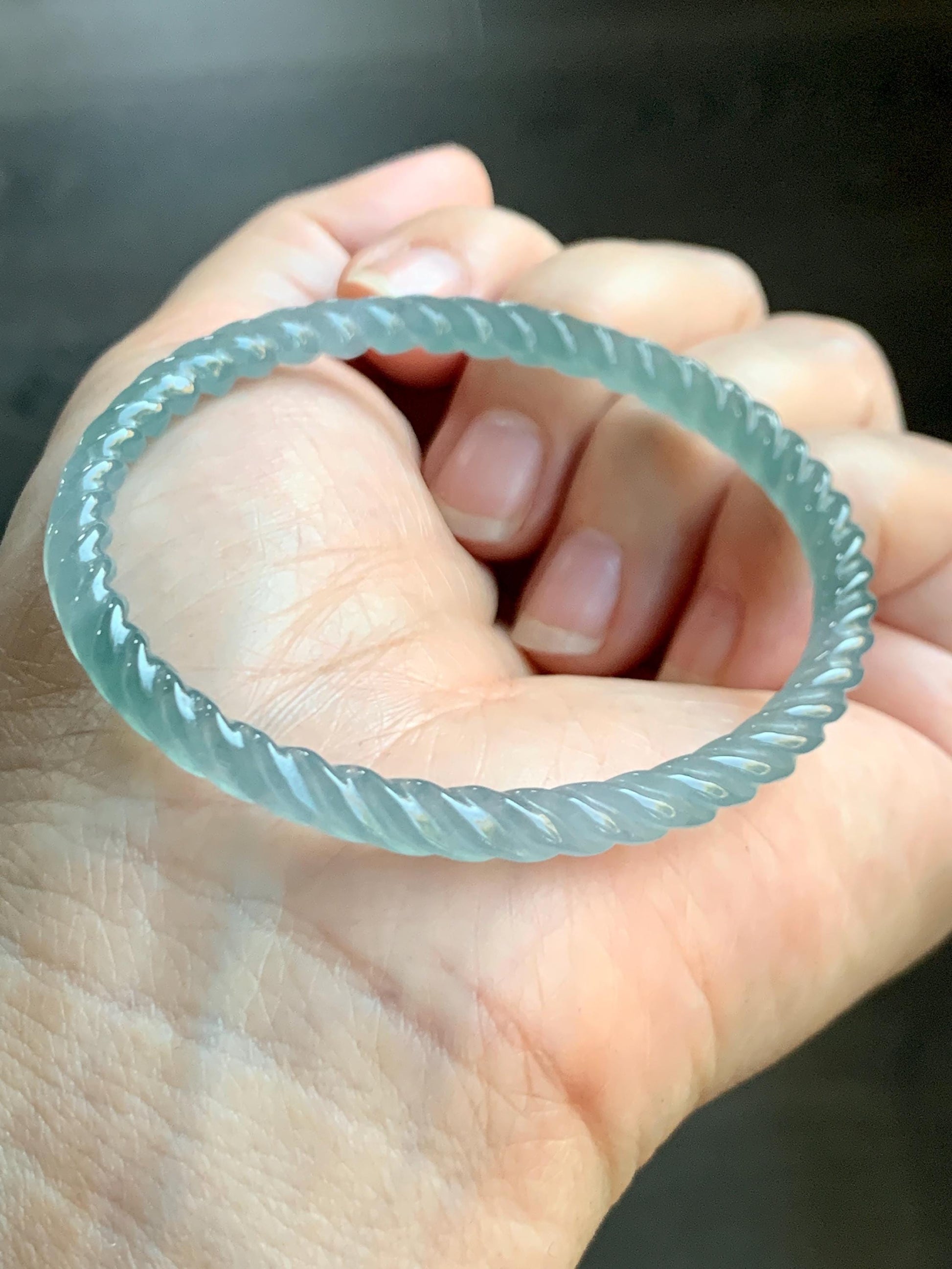 Certified Natural Grade A Guatemalan Icy Translucent Gelatinous Light Teal Jade Jadeite Carved Braid Bangle 54mm 6.68” 天然冰胶危浅蓝绿翡翠细麻花手镯 719