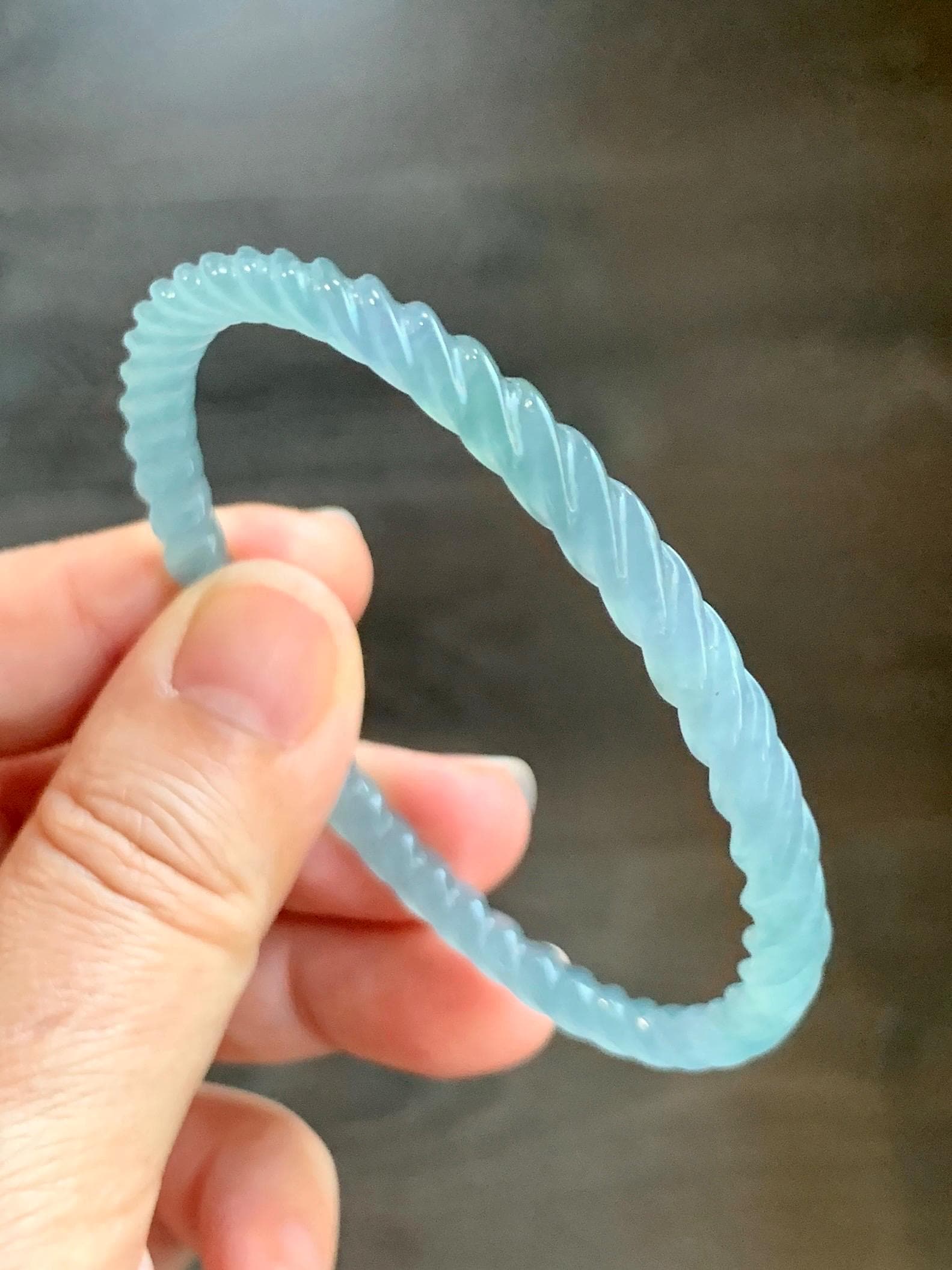 Certified Natural Grade A Guatemalan Icy Translucent Gelatinous Light Blue Jade Jadeite Carved Braid Bangle 59mm 7.29” 天然冰胶危浅蓝翡翠细麻花手镯 280