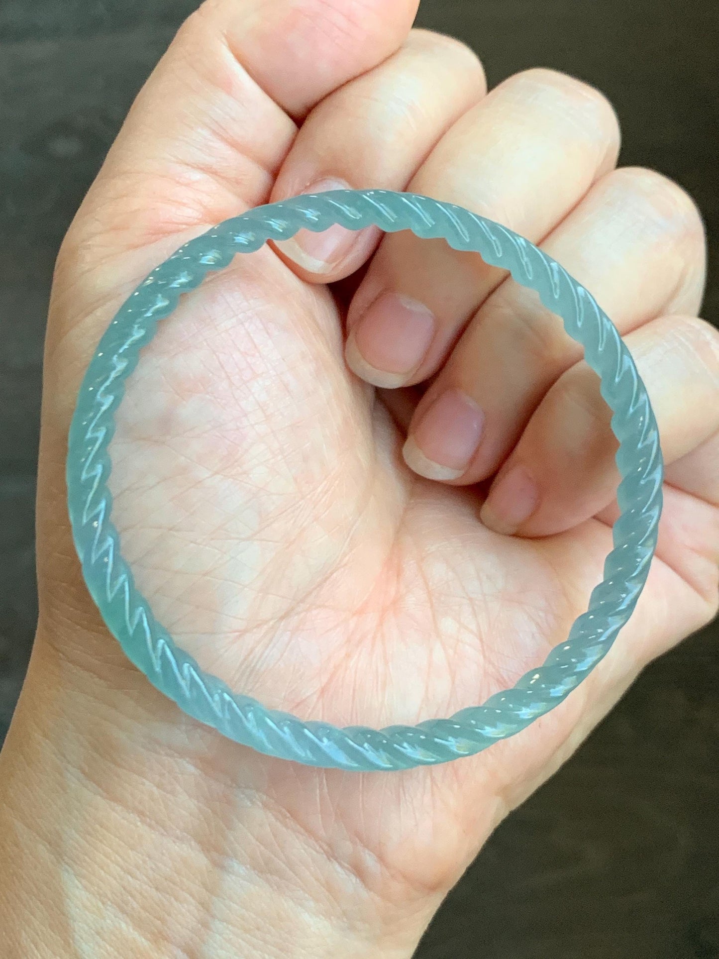 Certified Natural Grade A Guatemalan Icy Translucent Gelatinous Light Blue Jade Jadeite Carved Braid Bangle 59mm 7.29” 天然冰胶危浅蓝翡翠细麻花手镯 280