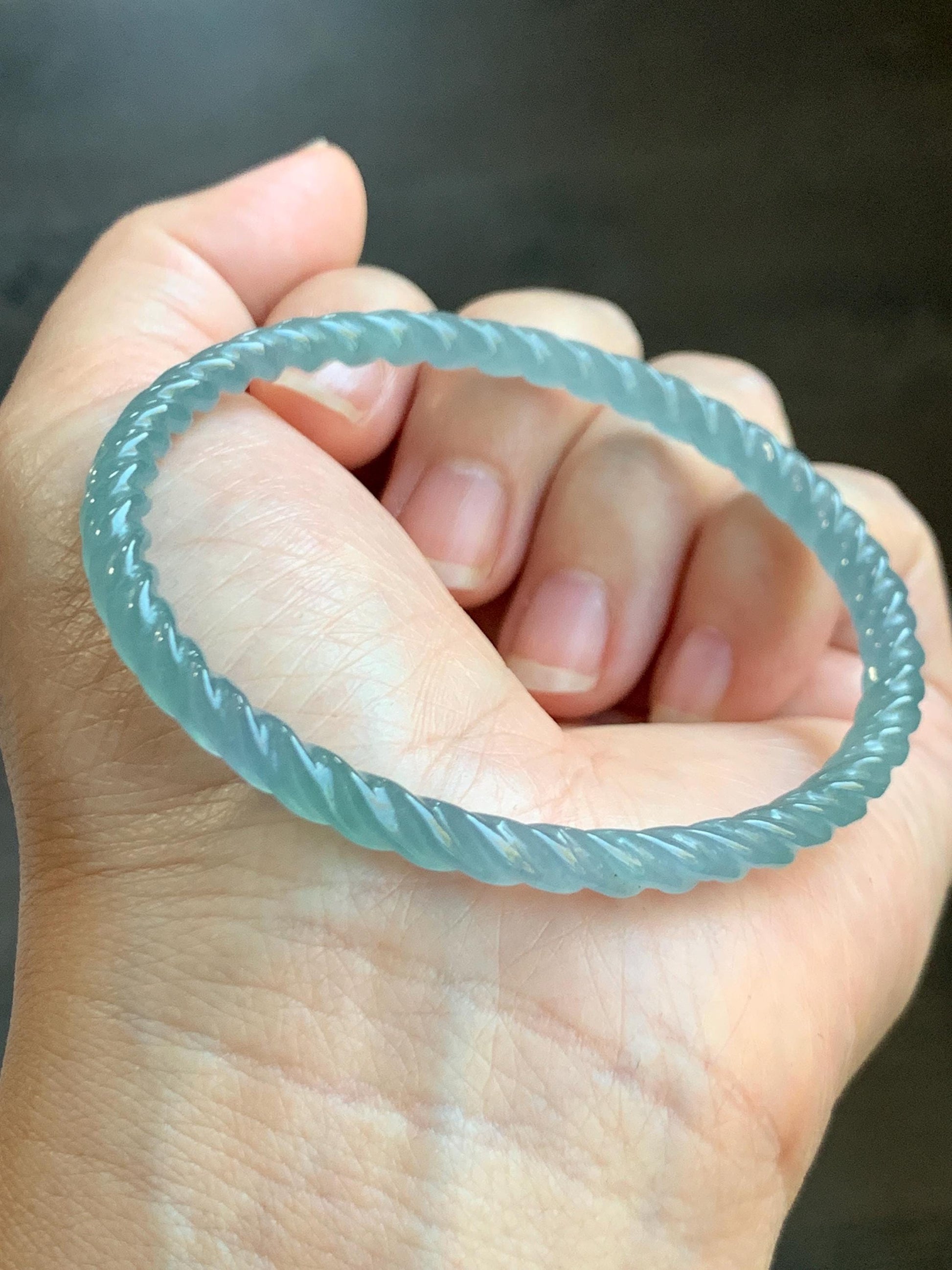 Certified Natural Grade A Guatemalan Icy Translucent Gelatinous Light Blue Jade Jadeite Carved Braid Bangle 59mm 7.29” 天然冰胶危浅蓝翡翠细麻花手镯 280
