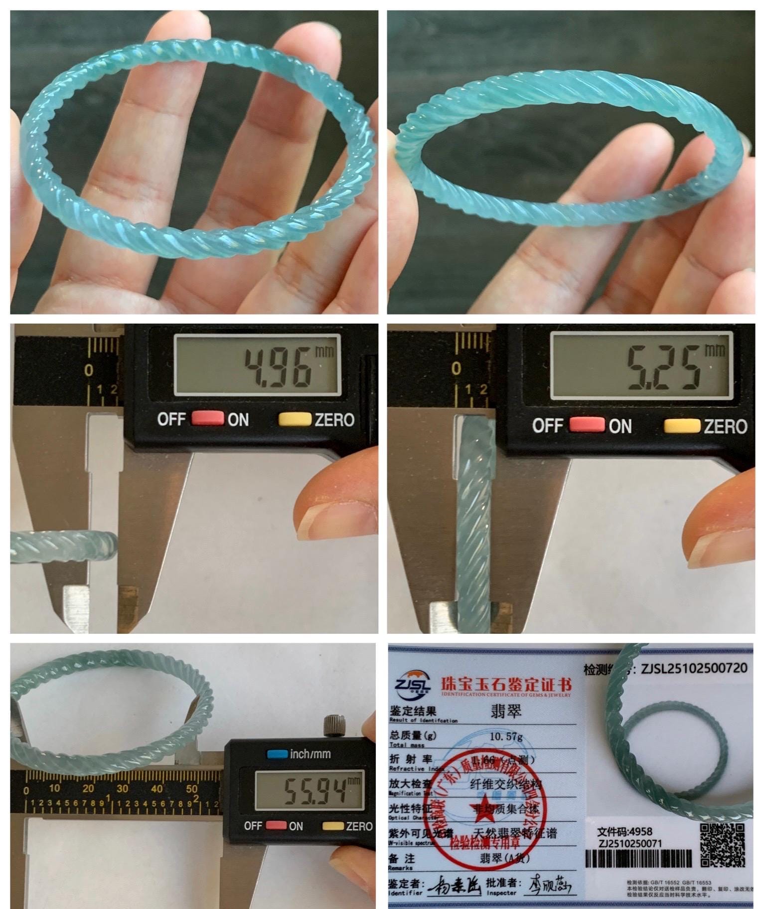 Certified Natural Grade A Guatemalan Icy Translucent Gelatinous Light Blue Jade Jadeite Carved Braid Bangle 55.94mm 6.9” 天然冰胶危浅蓝翡翠细麻花手镯 720